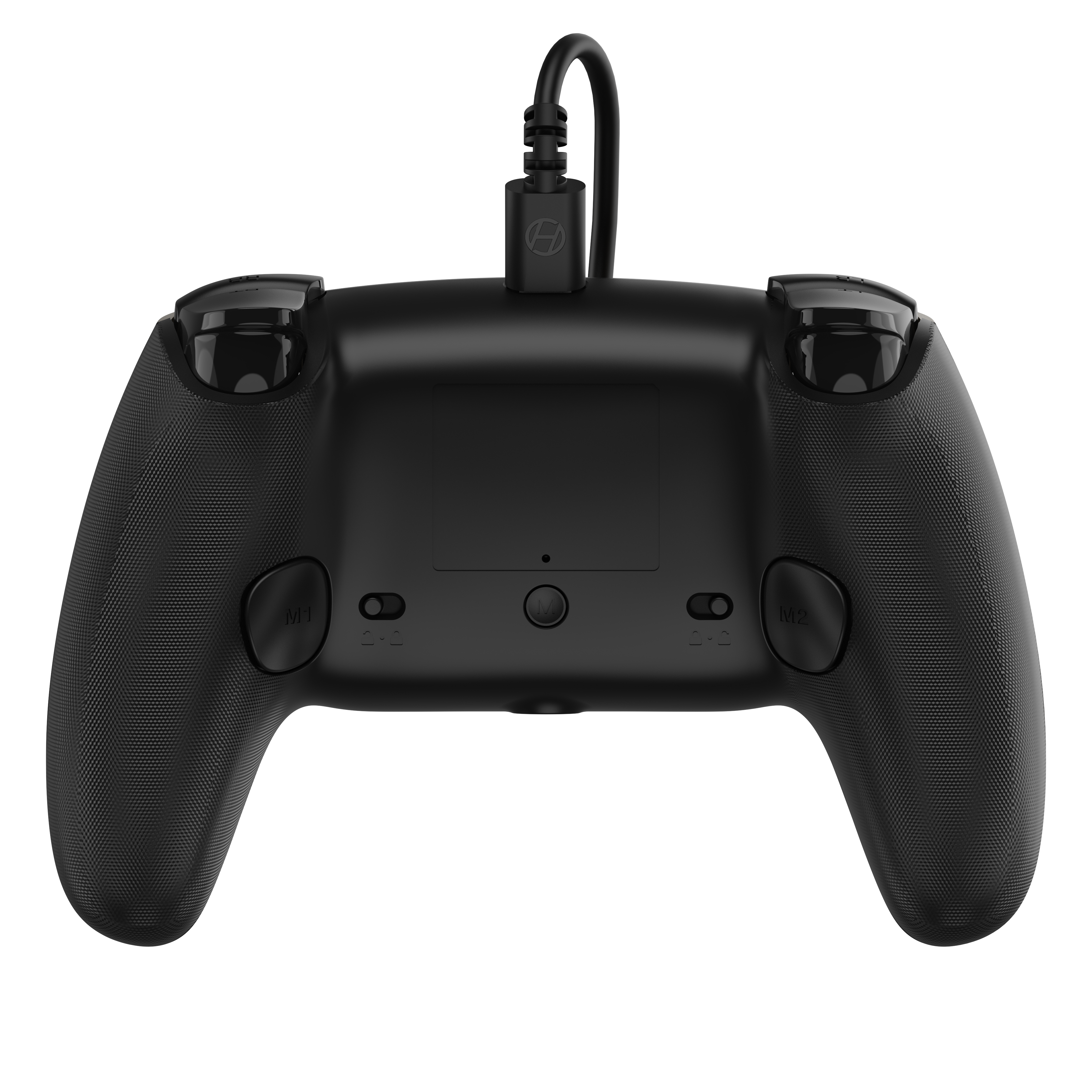 Schwarzer Gamecontroller mit Kabel. Es hat Knöpfe und Auslöser. Der Hintergrund ist schwarz.