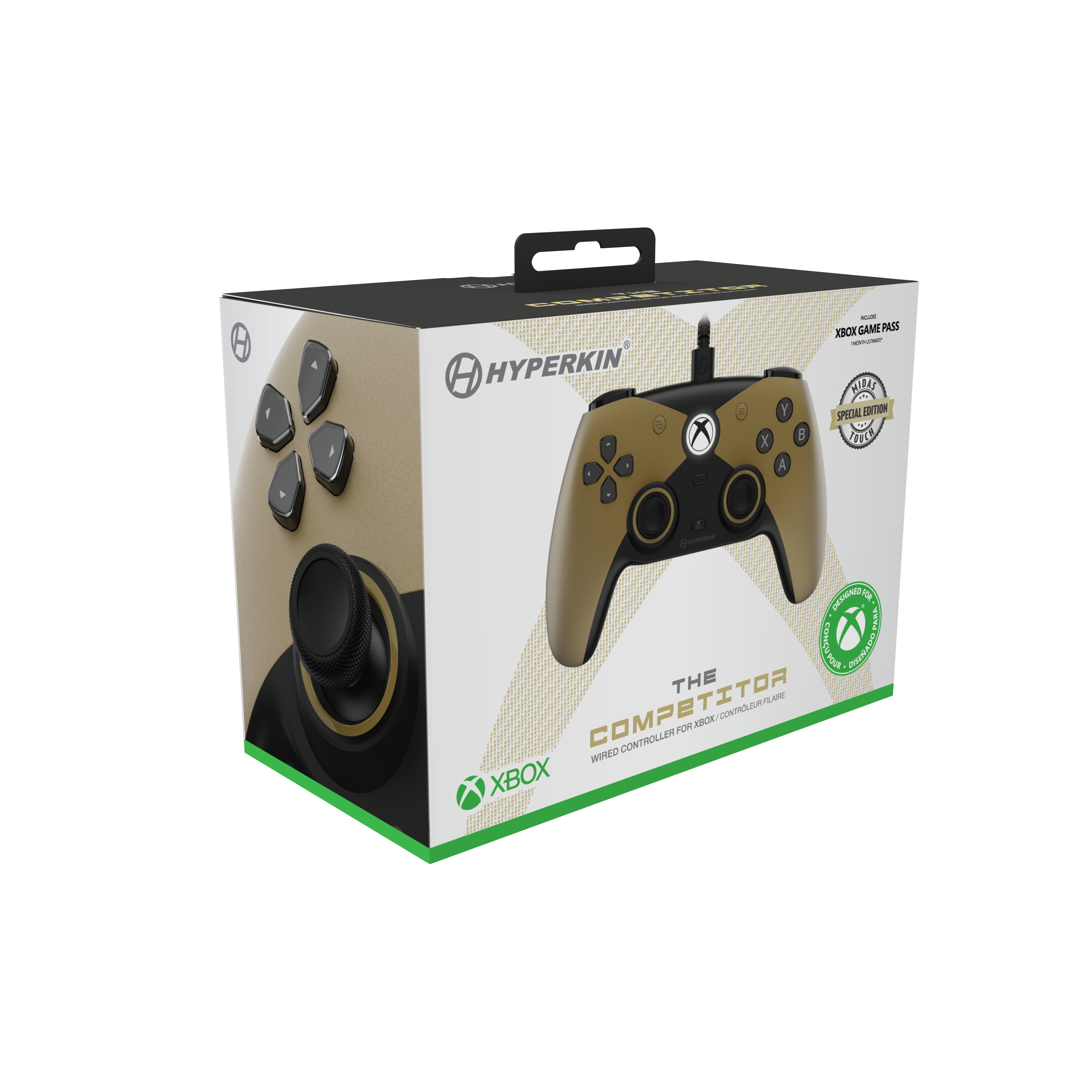 Verpackter Xbox-Controller. Braune und schwarze Farben. Inklusive Xbox Game Pass. Marke Hyperkin.
