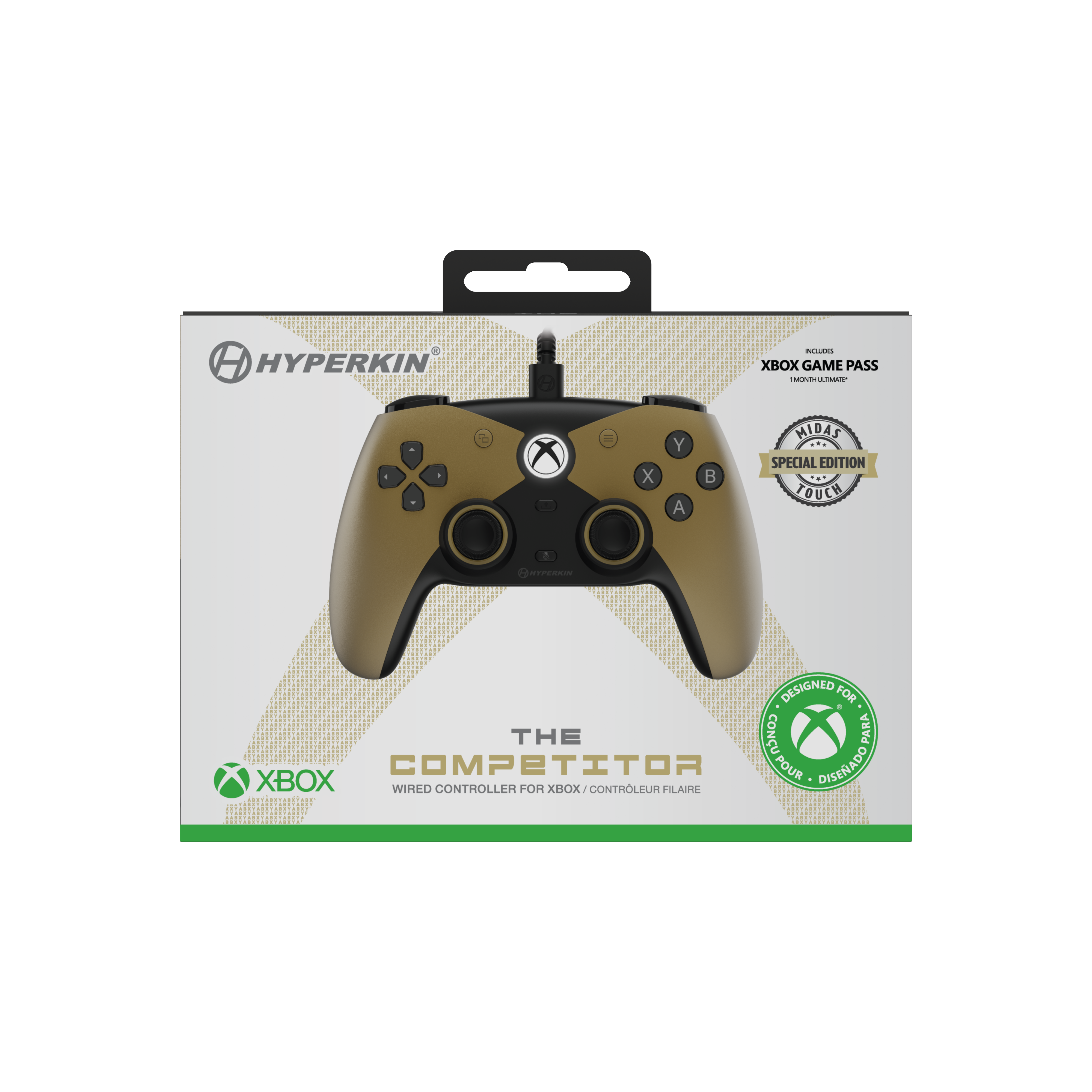 Verpackter Xbox-Controller. Khaki- und Schwarz-Farbschema. Enthält Xbox Game Pass. Special Edition-Branding.