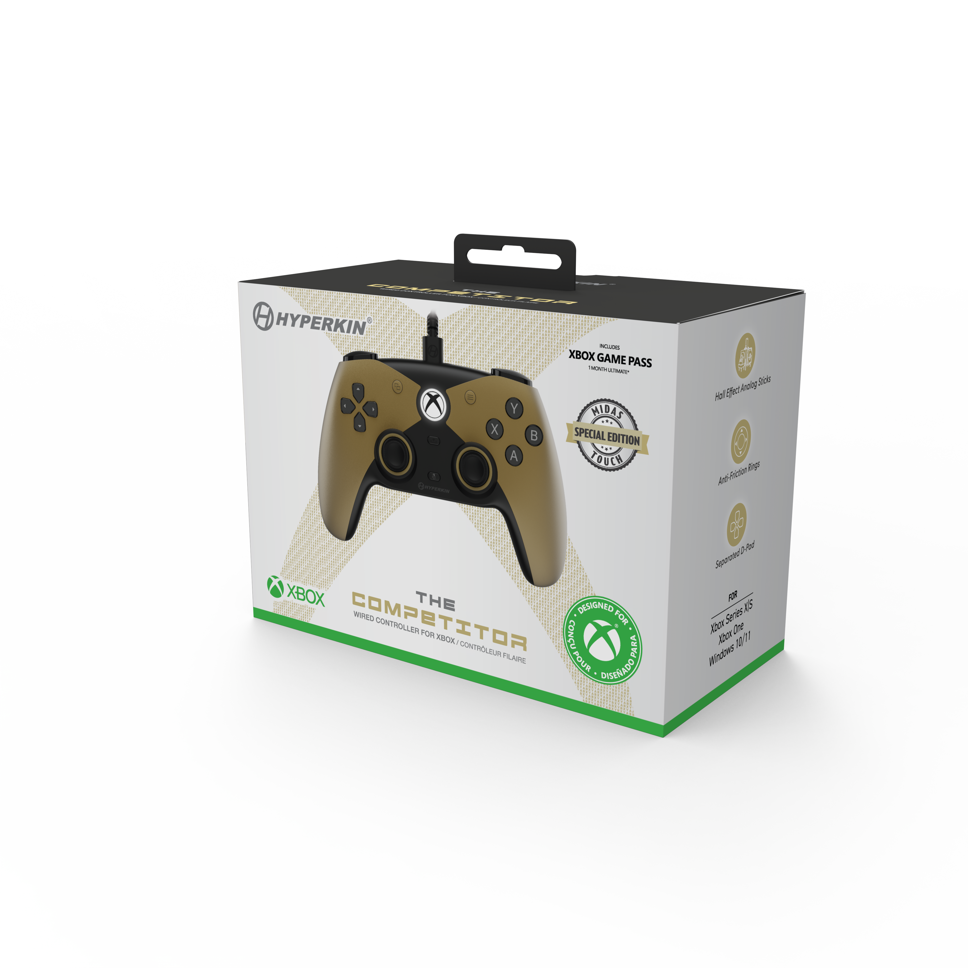 Verpackter Xbox-Controller. Braun-schwarzes Design. Text 'The Competitor' sichtbar. Xbox Game Pass Logo vorhanden.