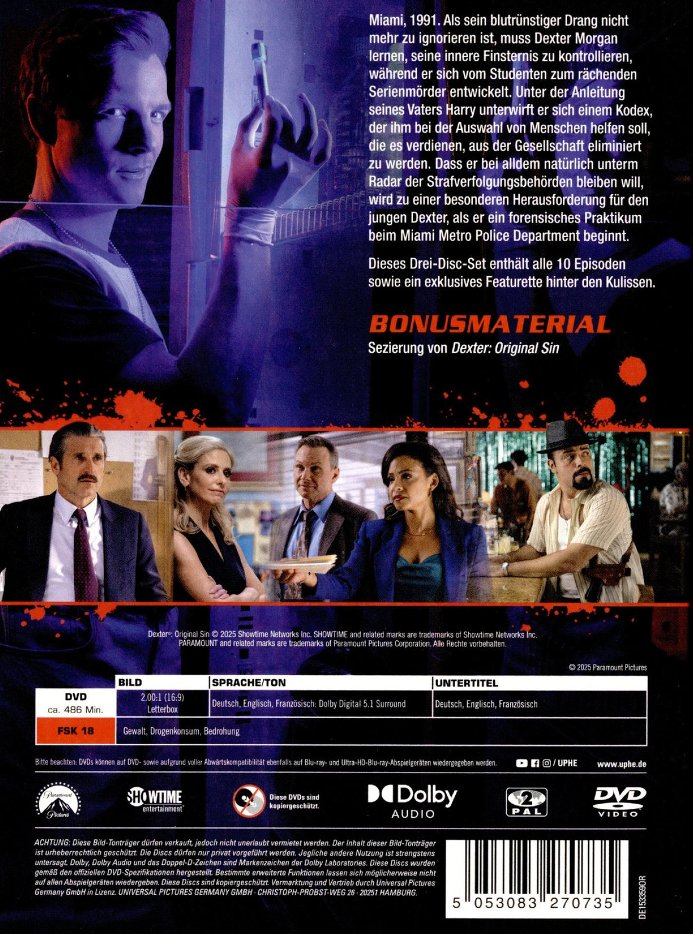 DVD-Cover. Dexter-Besetzung. Text auf Deutsch. Showtime-Logo. Dolby Audio-Logo. Paramount Pictures-Logo. FSK 18.