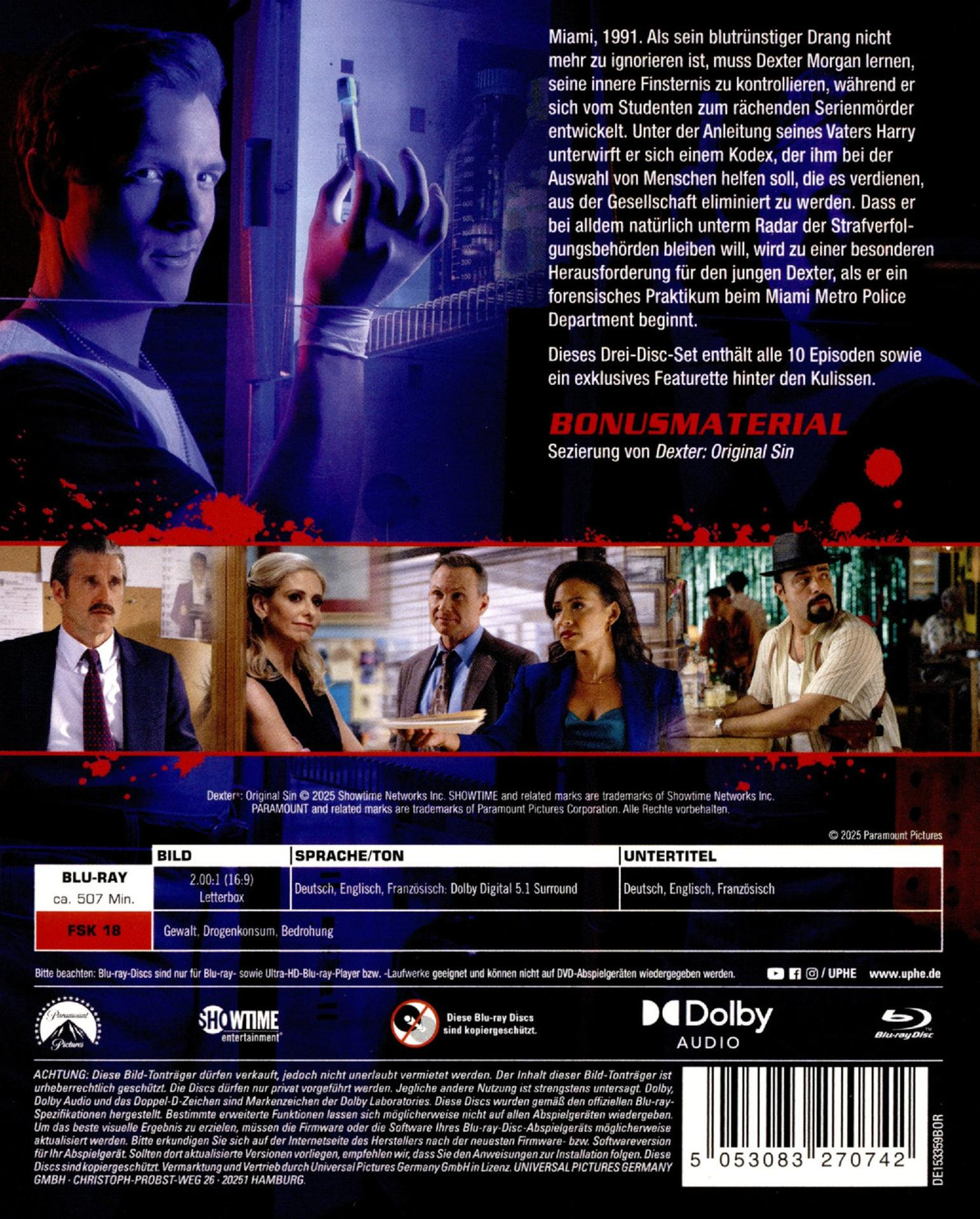 Blu-ray-Disc-Cover von Dexter: Original Sin. Zeigt Schauspieler, Text und einen Tatort.