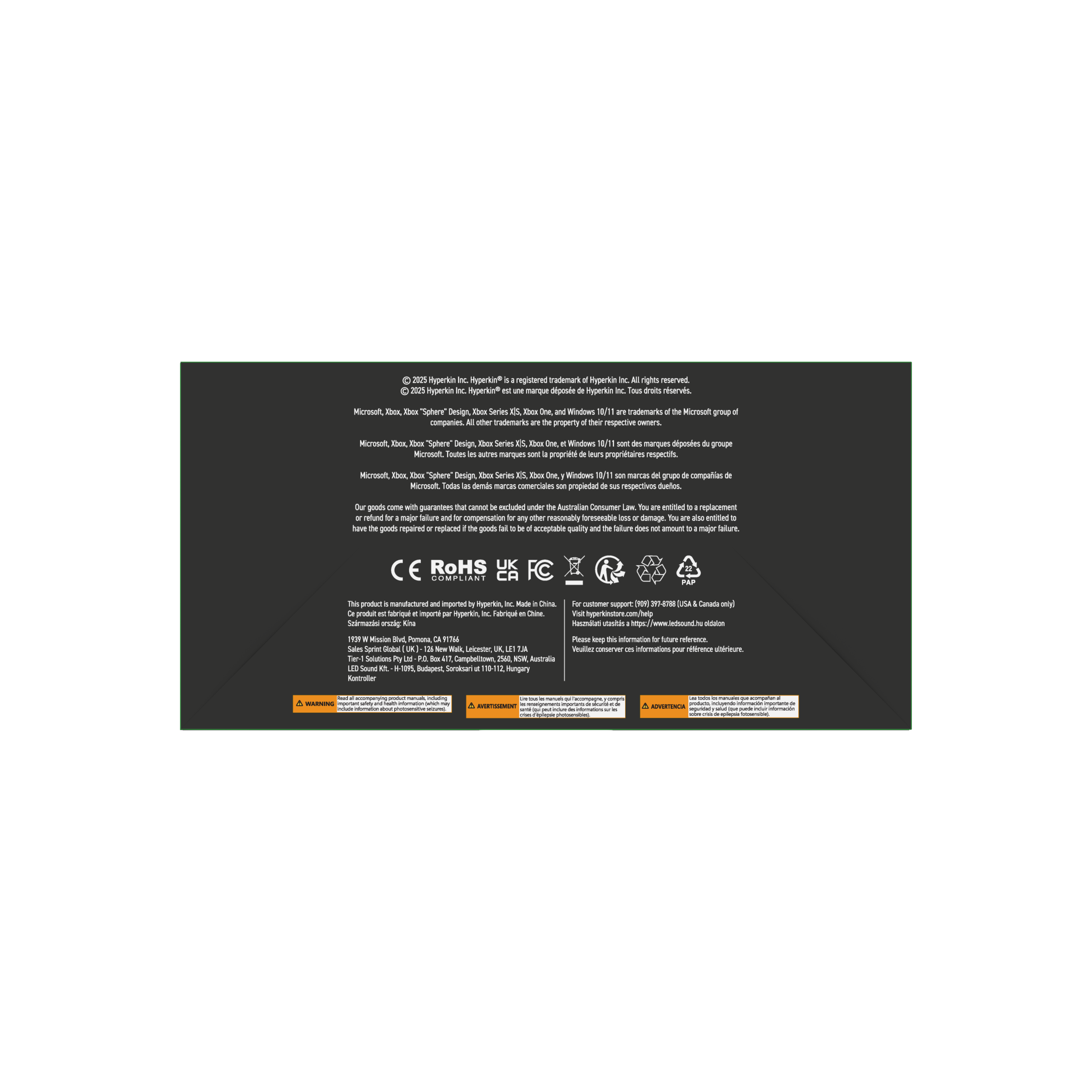 Schwarzer Hintergrund mit weißem Text und Logos. Enthält Warnungen und Produktinformationen. Inklusive CE- und RoHS-Zeichen.