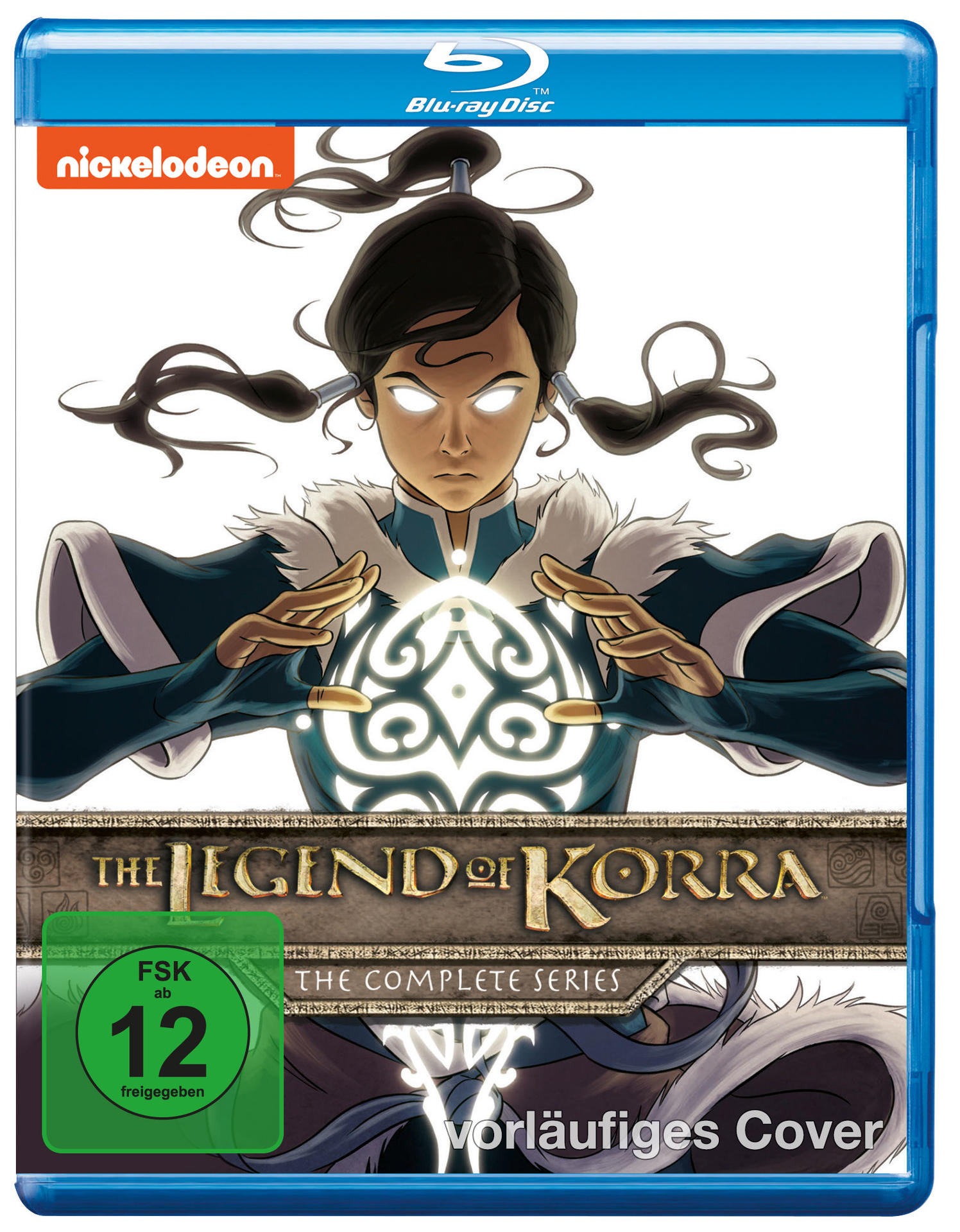 Blu-ray-Cover für The Legend of Korra. Korra, mit leuchtenden Augen, steht im Mittelpunkt. Das Nickelodeon-Logo befindet sich oben links.
