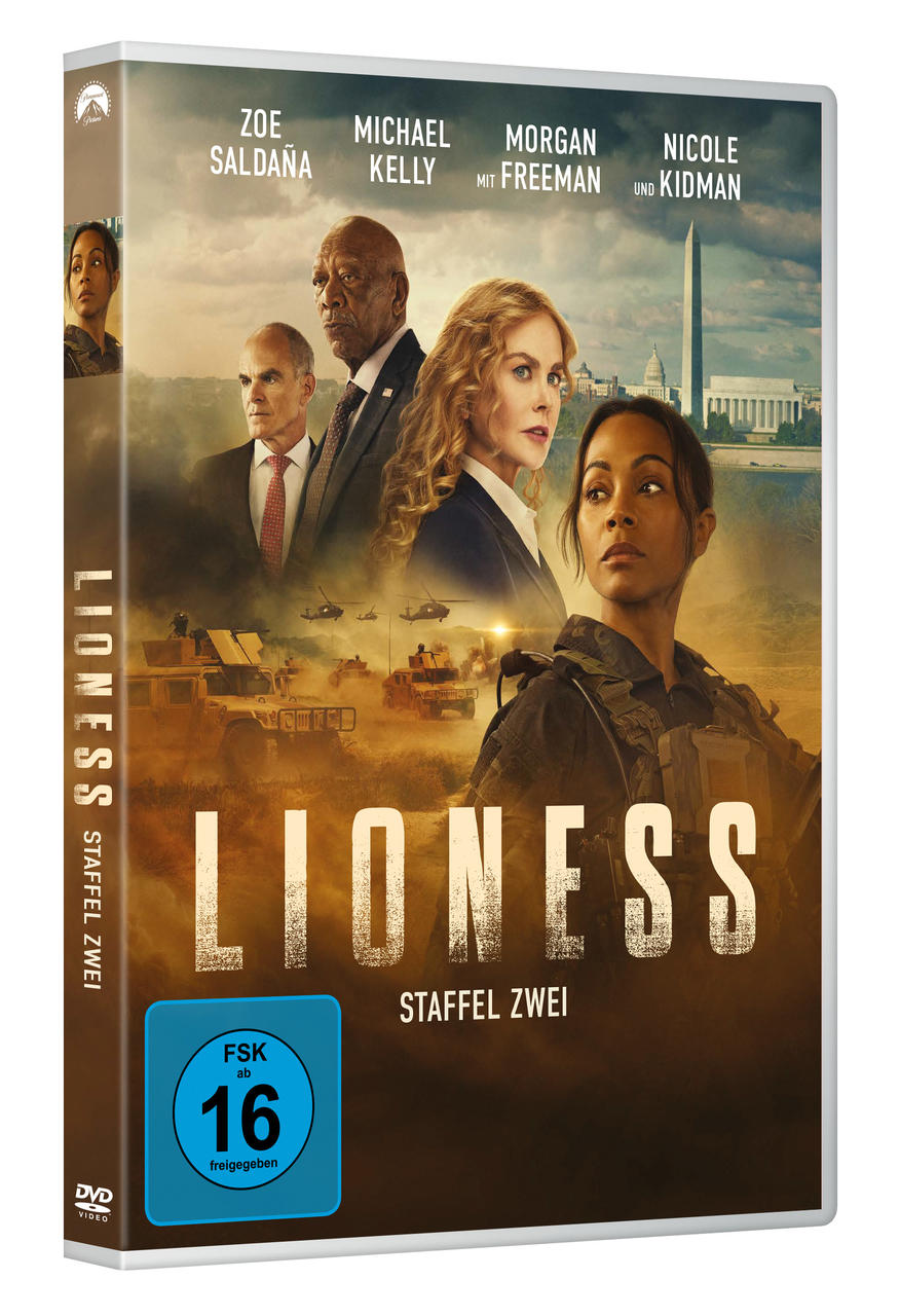DVD-Cover. Zoe Saldana, Morgan Freeman, Nicole Kidman in Lioness. Militärfahrzeuge und US-Kapitol im Hintergrund.