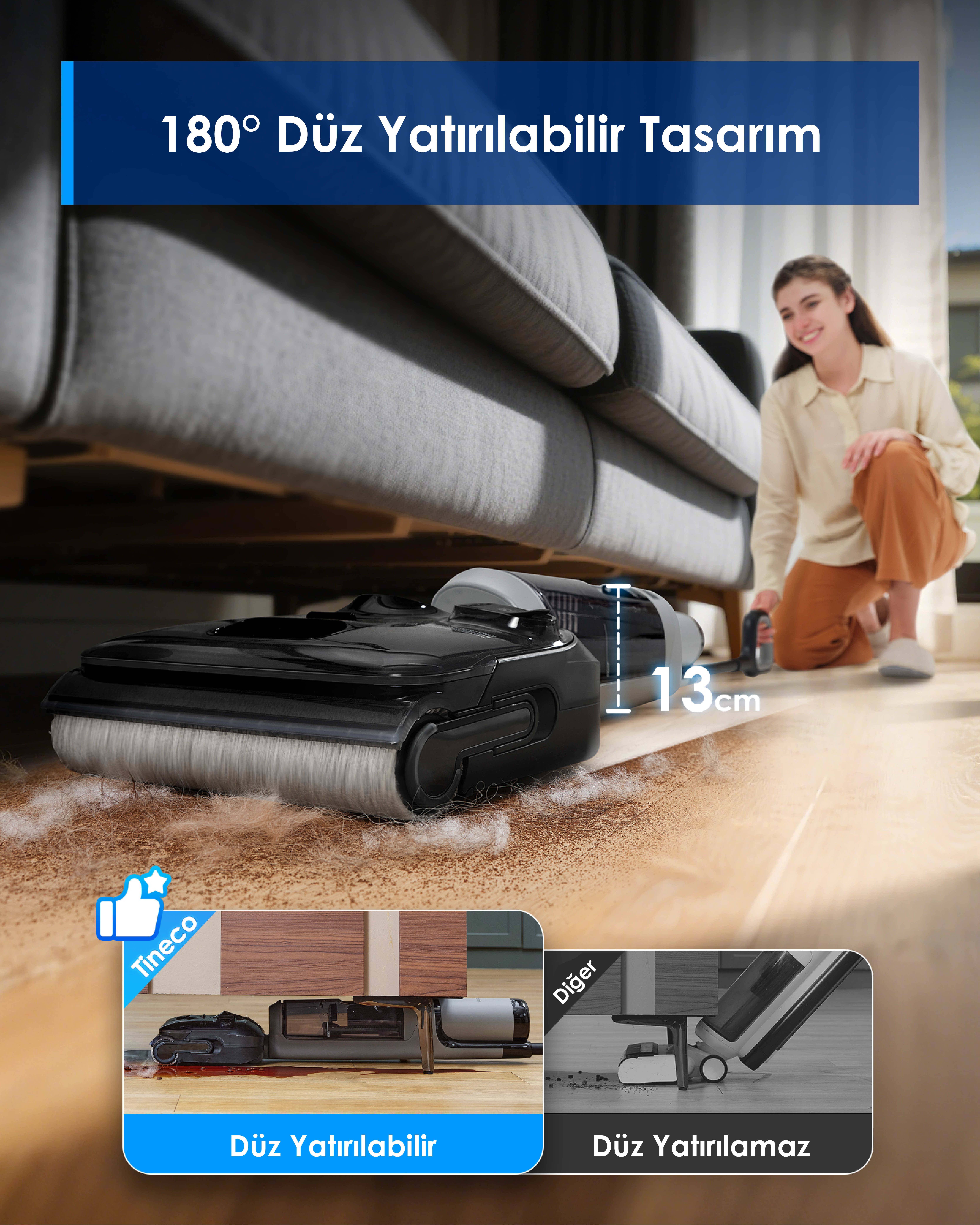 Siyah bir elektrikli süpürge bir kanepenin altını temizliyor. Yakınlarda bir kadın gülümsüyor. Düz 180° tasarıma sahip.