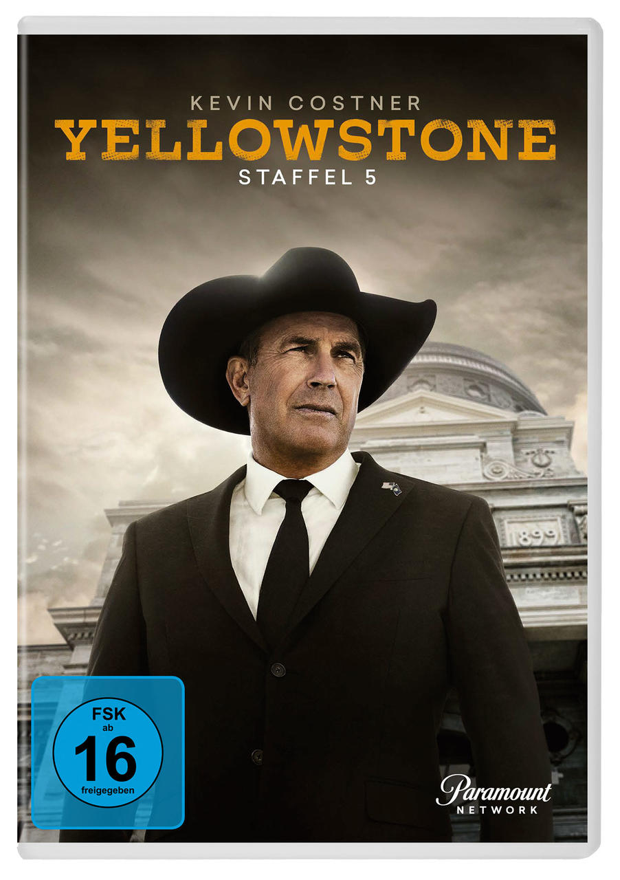 DVD-Cover. Kevin Costner mit Cowboyhut. Der Titel ist Yellowstone Staffel 5. Paramount Network-Logo sichtbar.