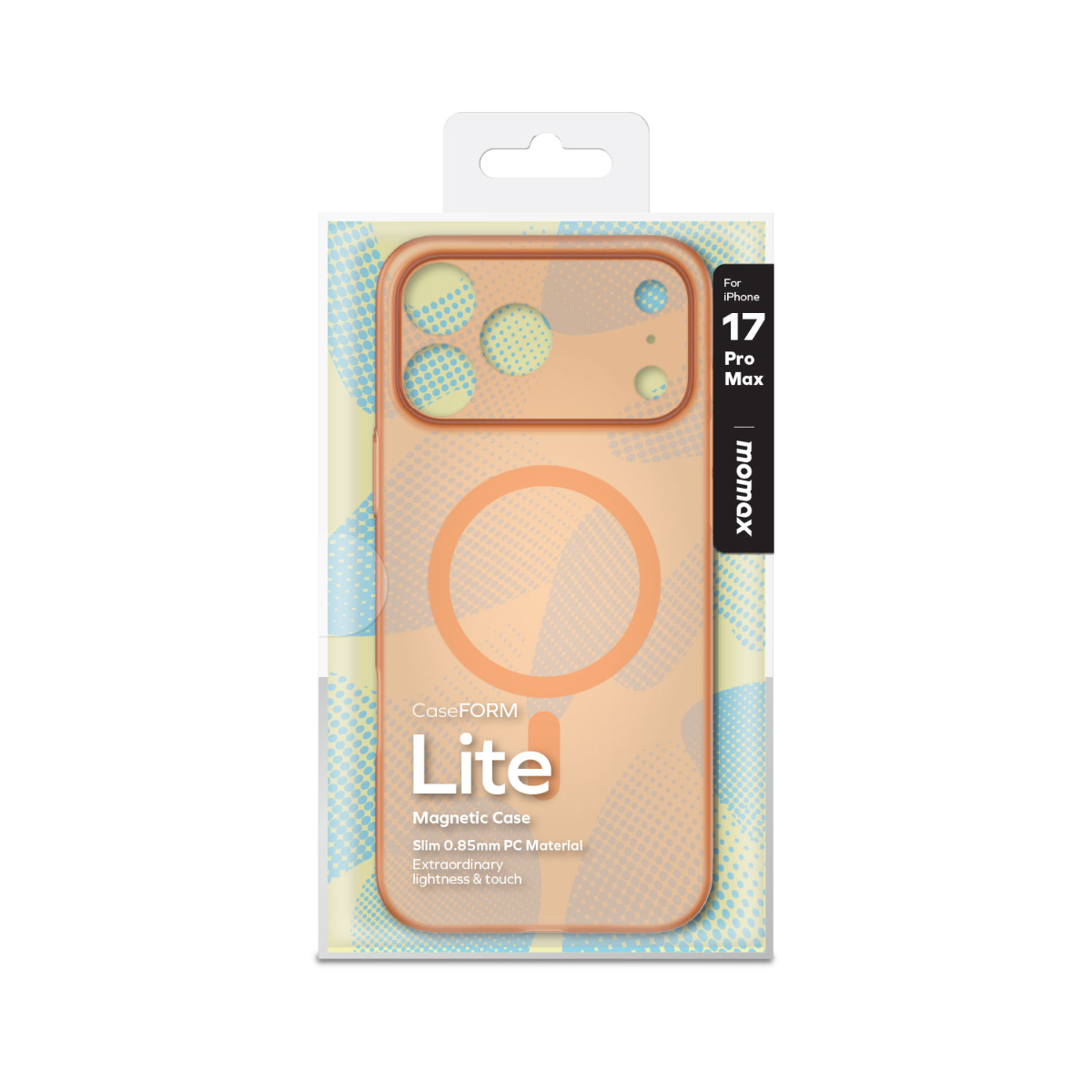 Bir telefon kılıfı paketi. Turuncu detaylarla şeffaftır. 'CaseFORM Lite' ve 'For iPhone 17 Pro Max' yazıyor.