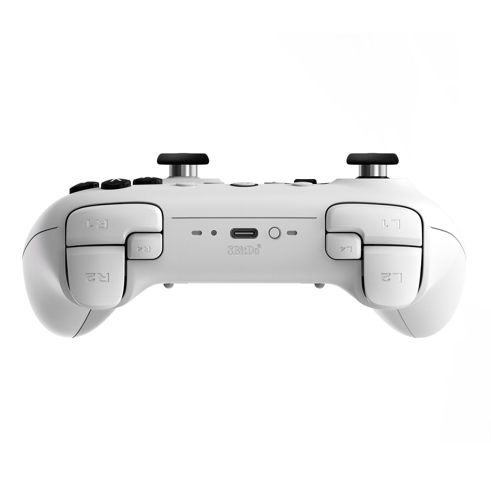 Ein weißes 8BitDo-Gamepad. Es hat schwarze Analog-Sticks und -Tasten. Beschriftet mit R1, R2, L1 und L2, mit einem USB-C-Anschluss.