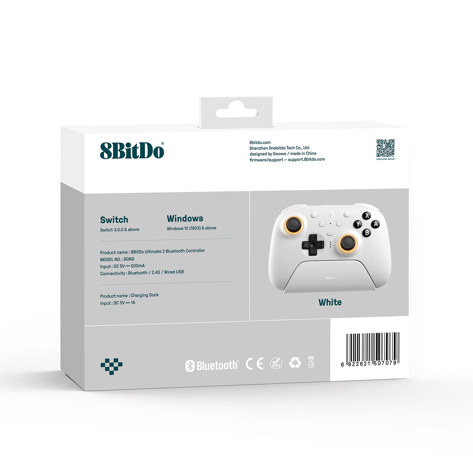 Weiße 8BitDo Ultimate 2 Bluetooth Controller-Box. Text und Controller-Bild sind sichtbar. Enthält Knöpfe und Produktinformationen.