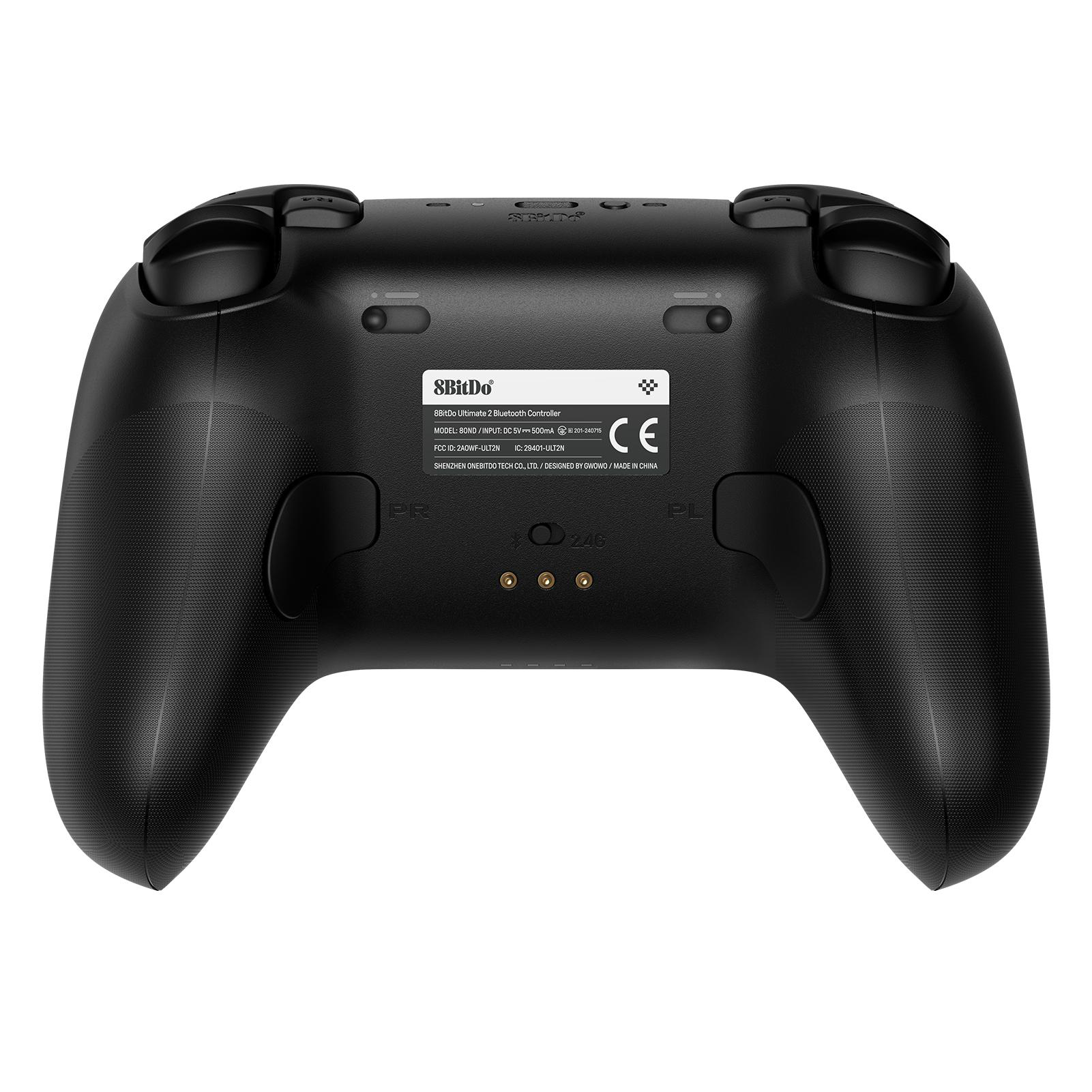 Schwarzer 8BitDo Ultimate 2 Bluetooth-Controller. Er hat Tasten, Trigger und ein Produktetikett.