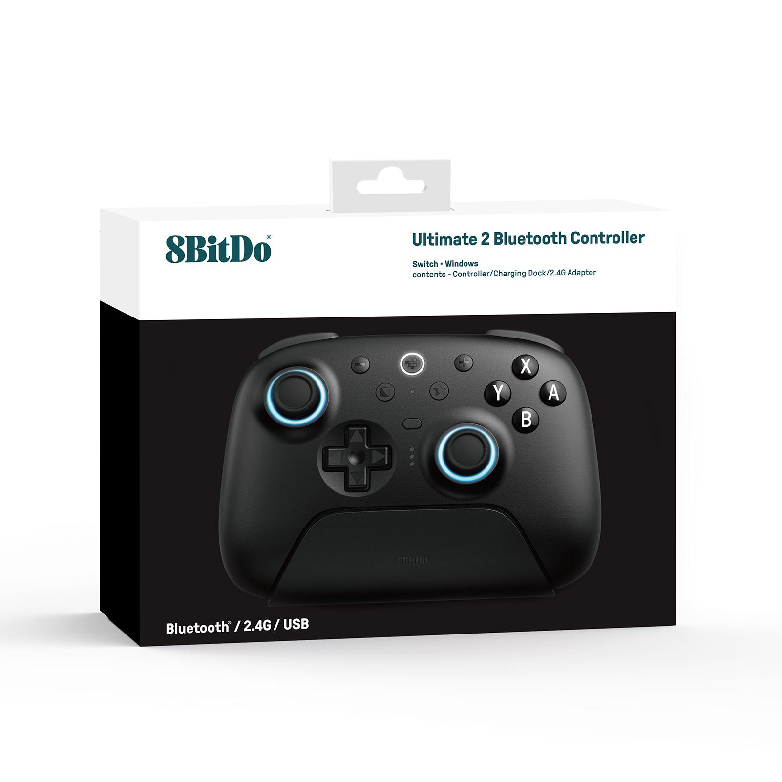 Das Bild zeigt eine schwarze 8BitDo Ultimate 2 Bluetooth Controller-Box mit Controller, Bluetooth, 2.4G und USB.