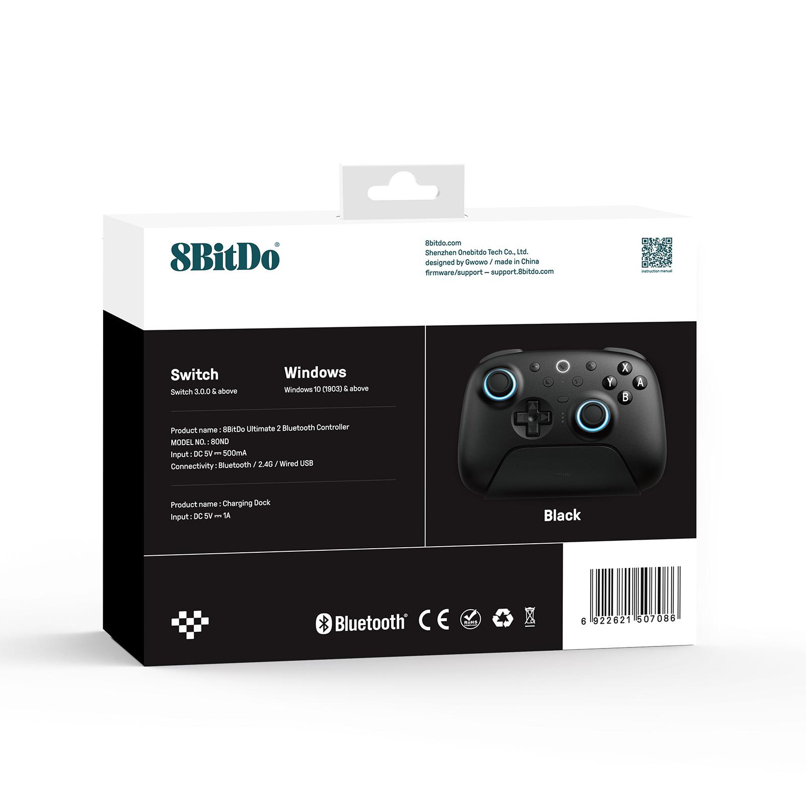 Schwarze 8BitDo Ultimate 2 Bluetooth Controller Box. Sie zeigt den Controller und Produktinformationen.