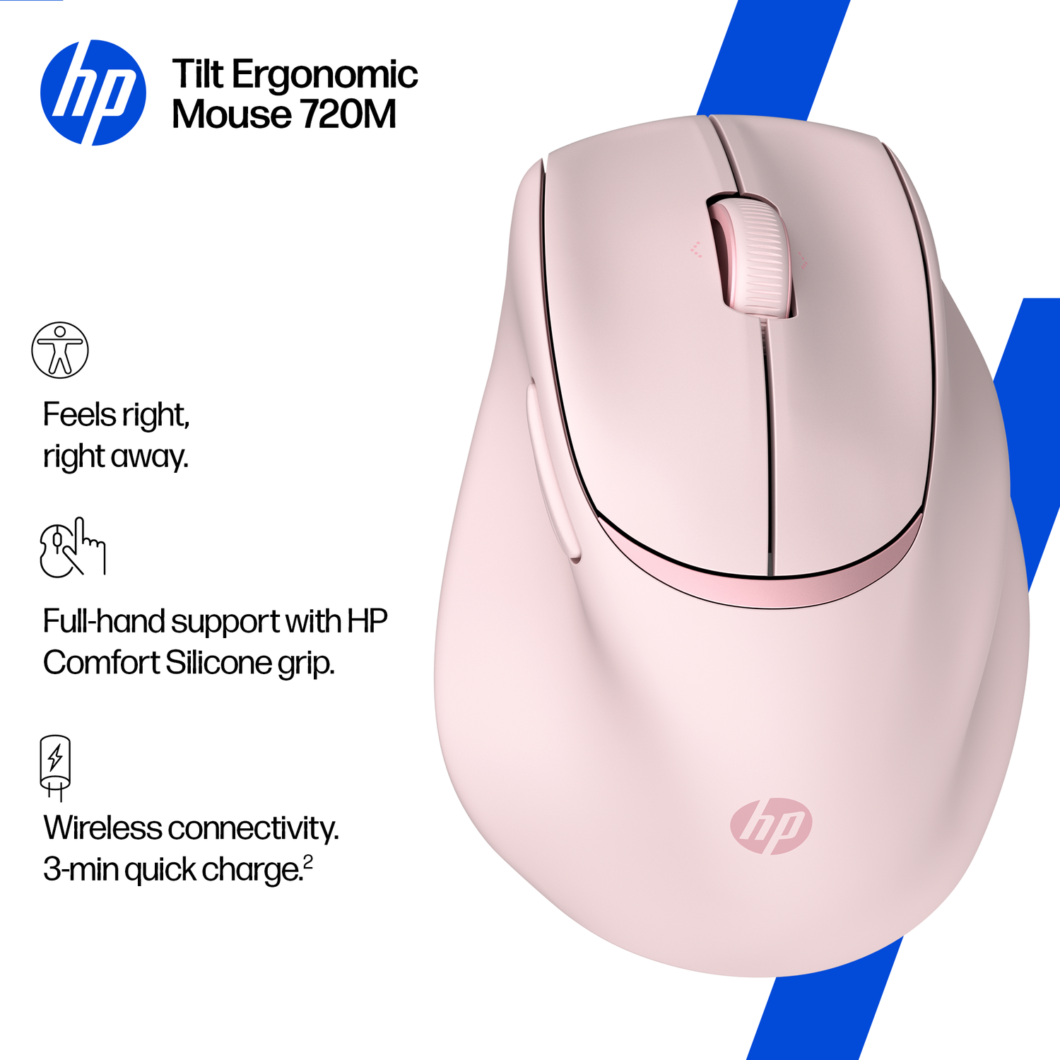 Pink HP ergonomic mouse. Features include full-hand support, wireless connectivity, and 3-min quick charge. HP logo is visible.