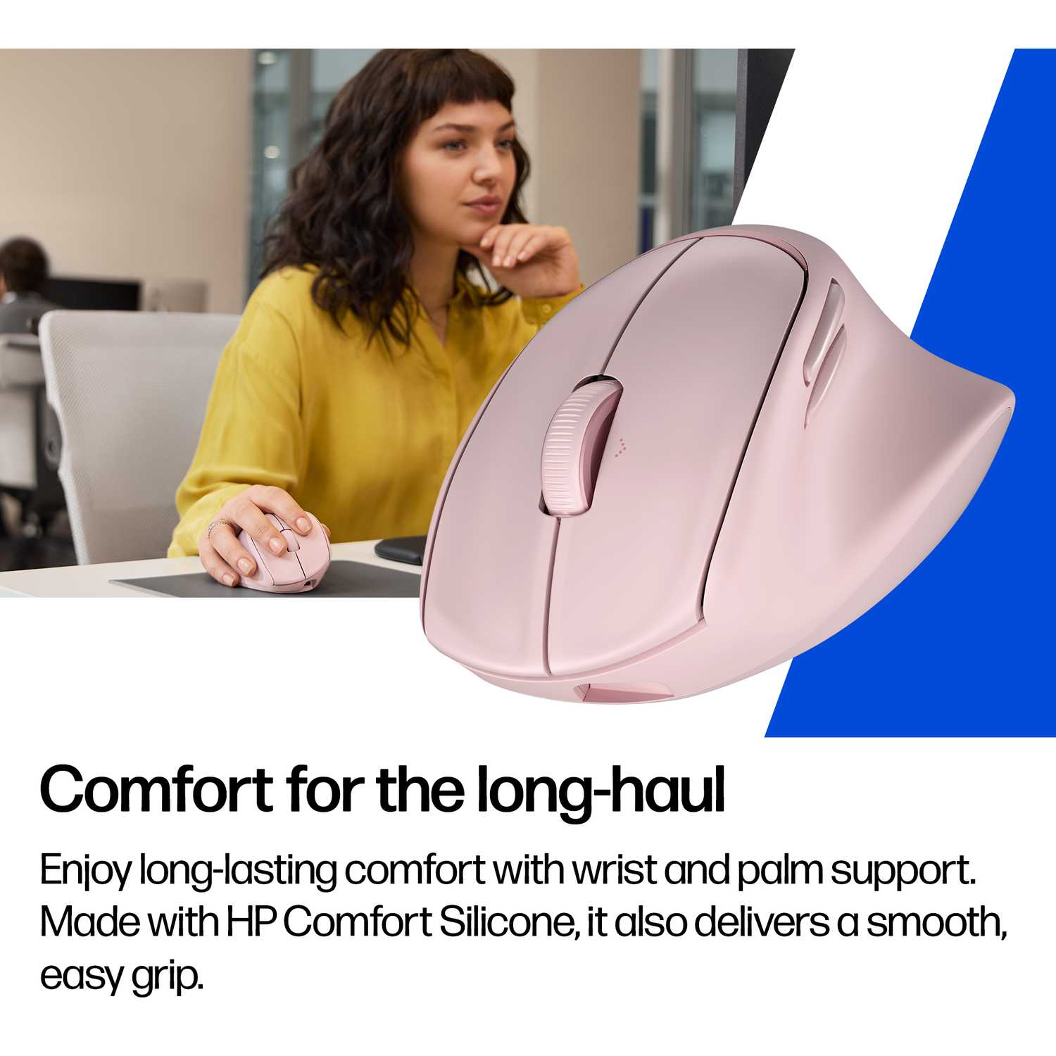 A woman using a pink ergonomic mouse. Text reads: Comfort for the long-haul, with wrist and palm support.
