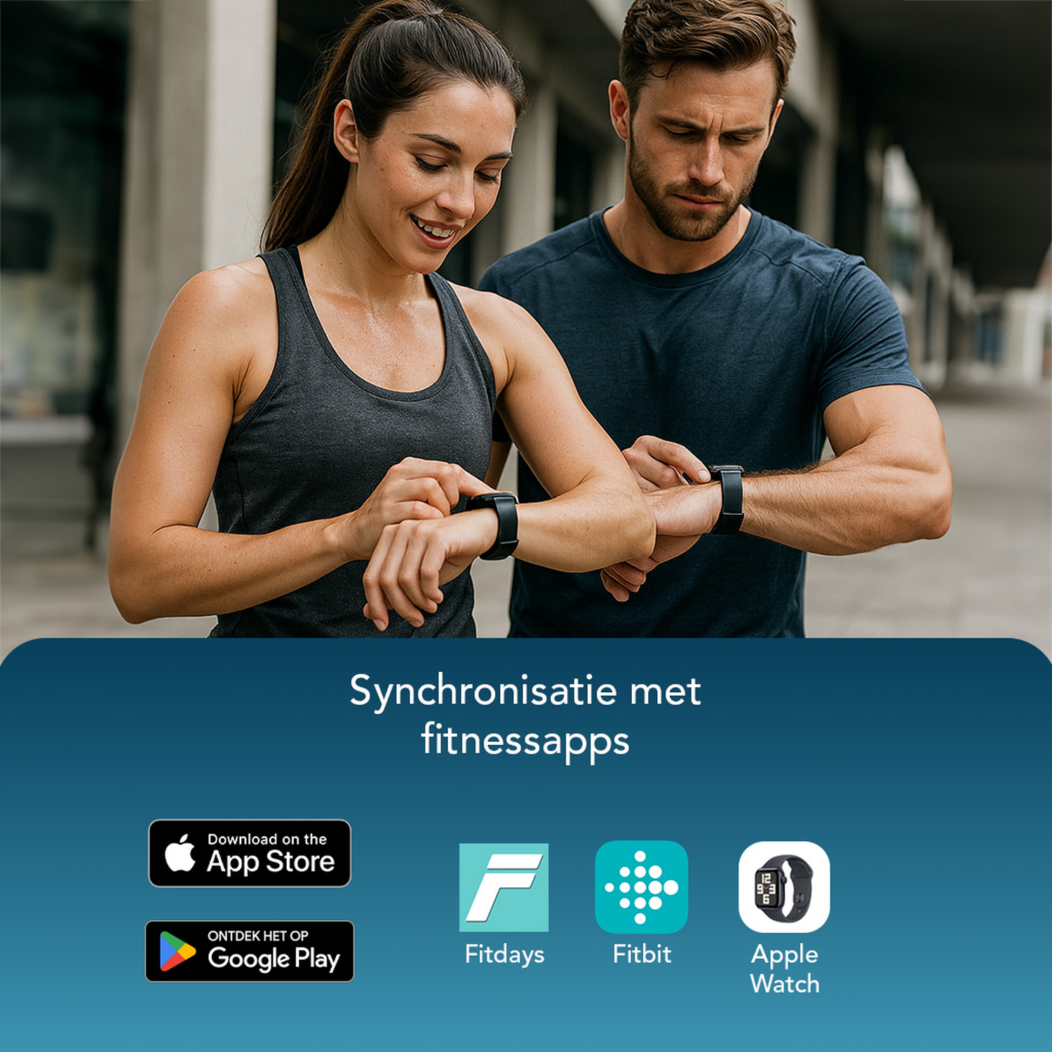 Een man en vrouw bekijken smartwatches. Daaronder logo's van fitness-apps zoals Fitdays, Fitbit en Apple Watch.