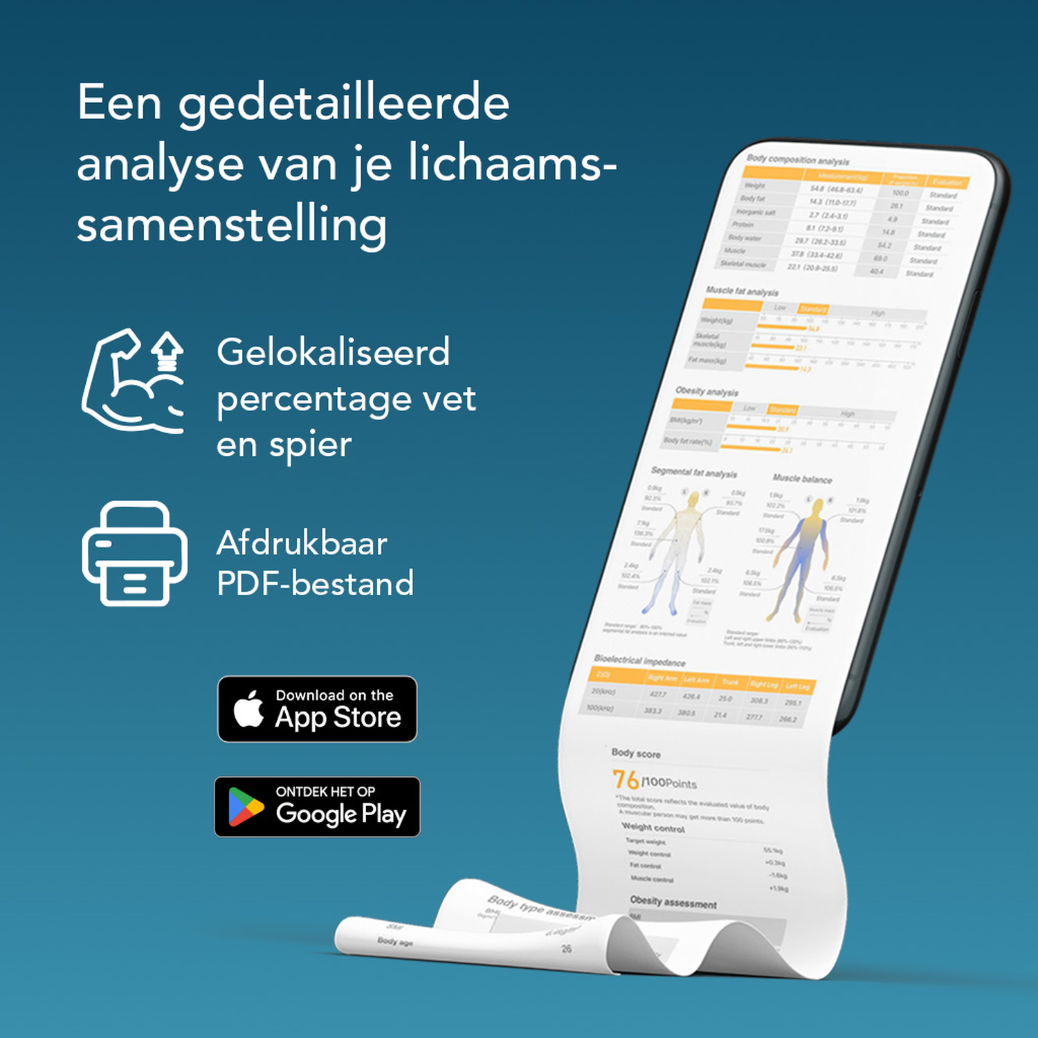 Een smartphone toont een lichaamsanalyse. Tekst bevat 'App Store', 'Google Play' en gezondheidsgegevens.