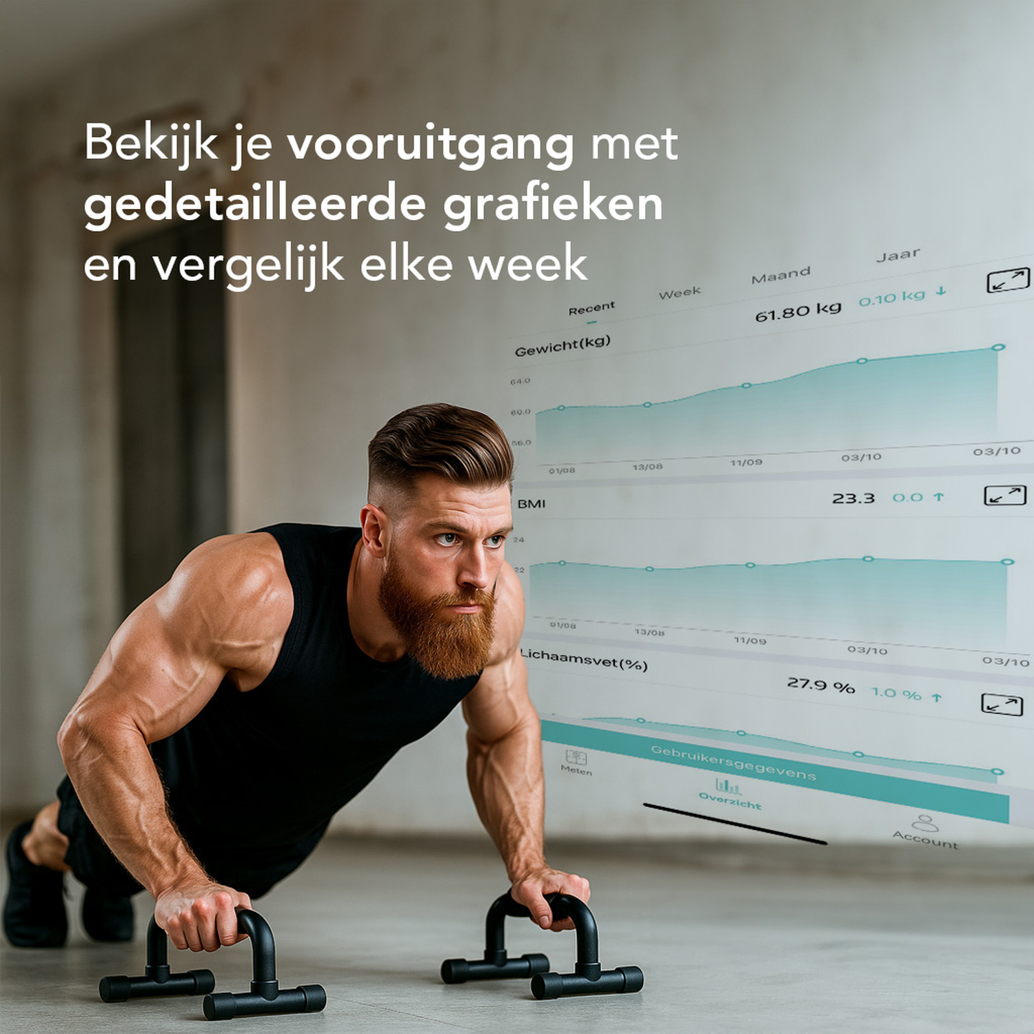 Man doet push-ups, bekijkt een scherm met grafieken van gewicht en vetpercentage.