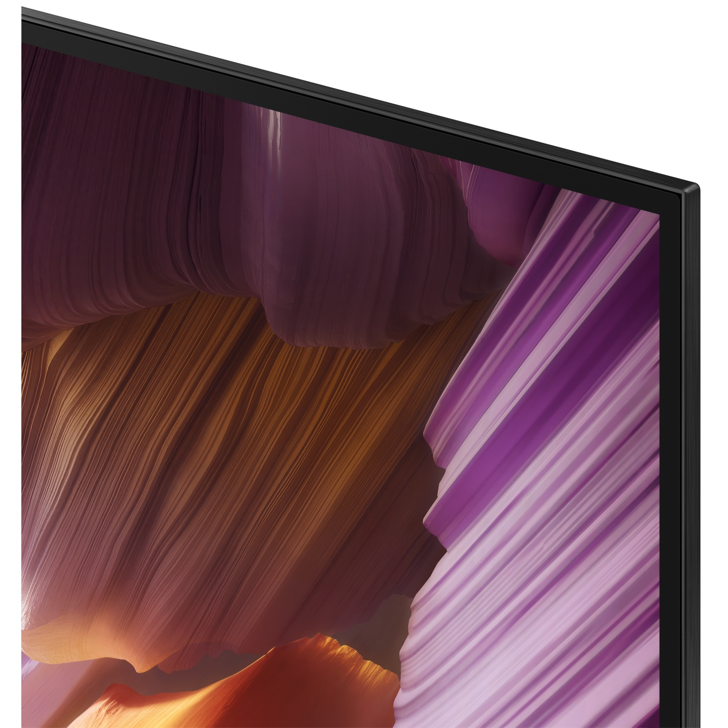 Close-up van een tv-scherm met abstract landschap met bruine, paarse en oranje tinten. Zwart frame.