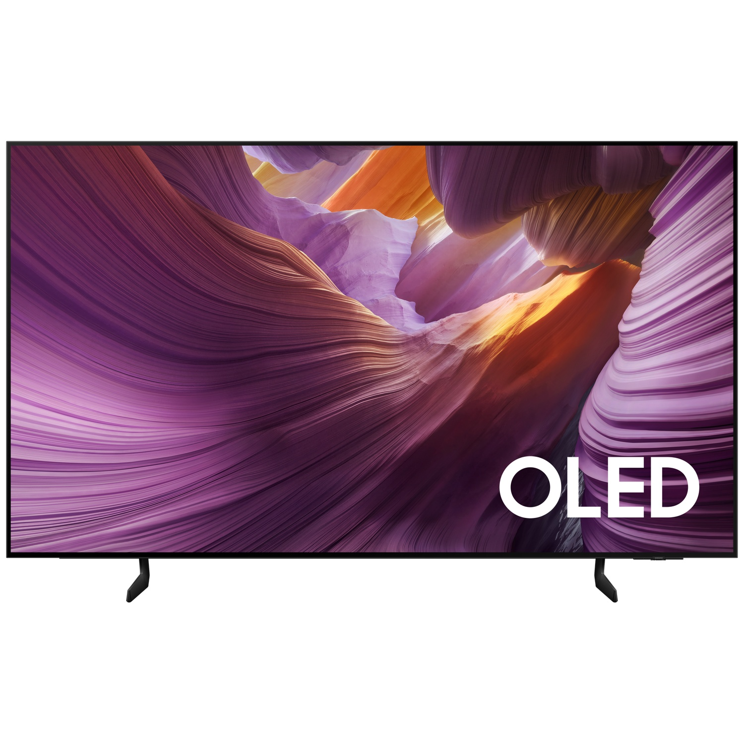 OLED-tv toont abstract landschap met paarse, oranje en witte tinten. Het woord OLED staat in het wit op het scherm. Zwarte standaards.