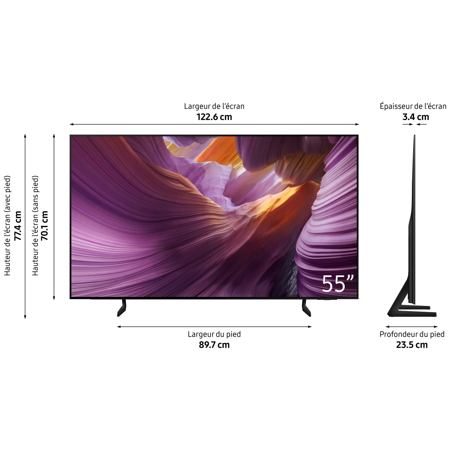Een 55-inch tv toont een kleurrijke abstracte afbeelding. Afmetingen: hoogte met standaard 77,4 cm, breedte 122,6 cm, diepte 3,4 cm.