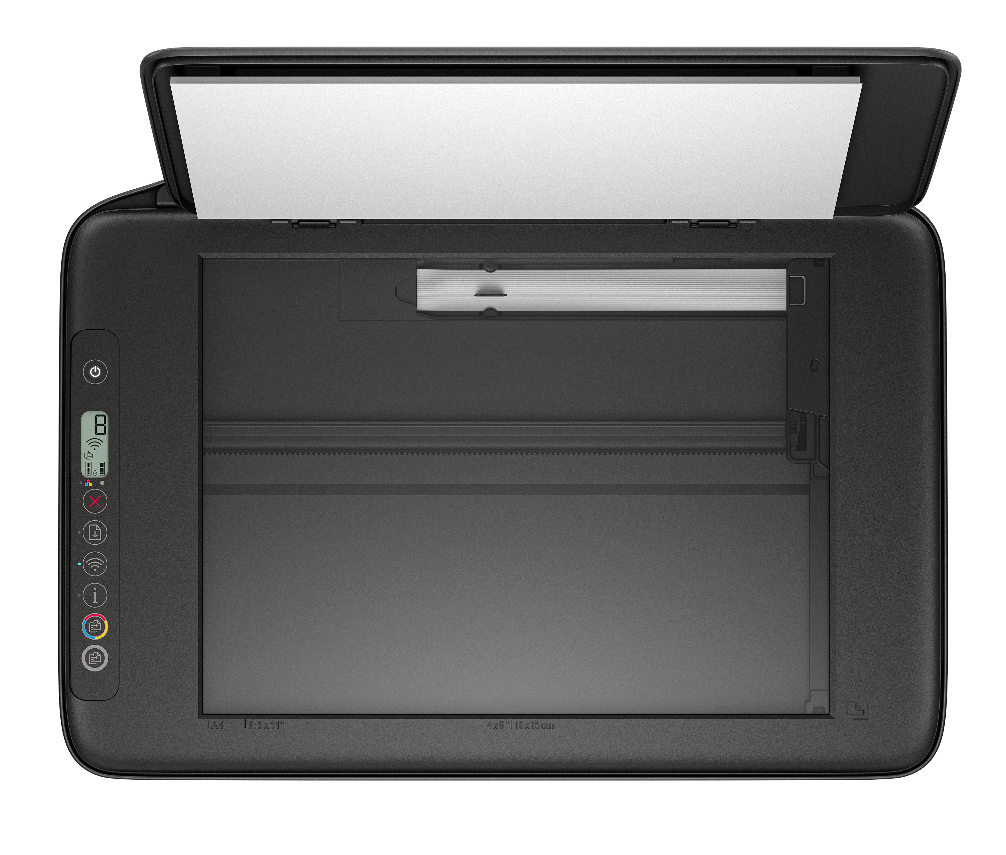 Czarna drukarka z otwartą pokrywą. Biały papier na szkle, panel sterowania po lewej stronie. Widok z góry.