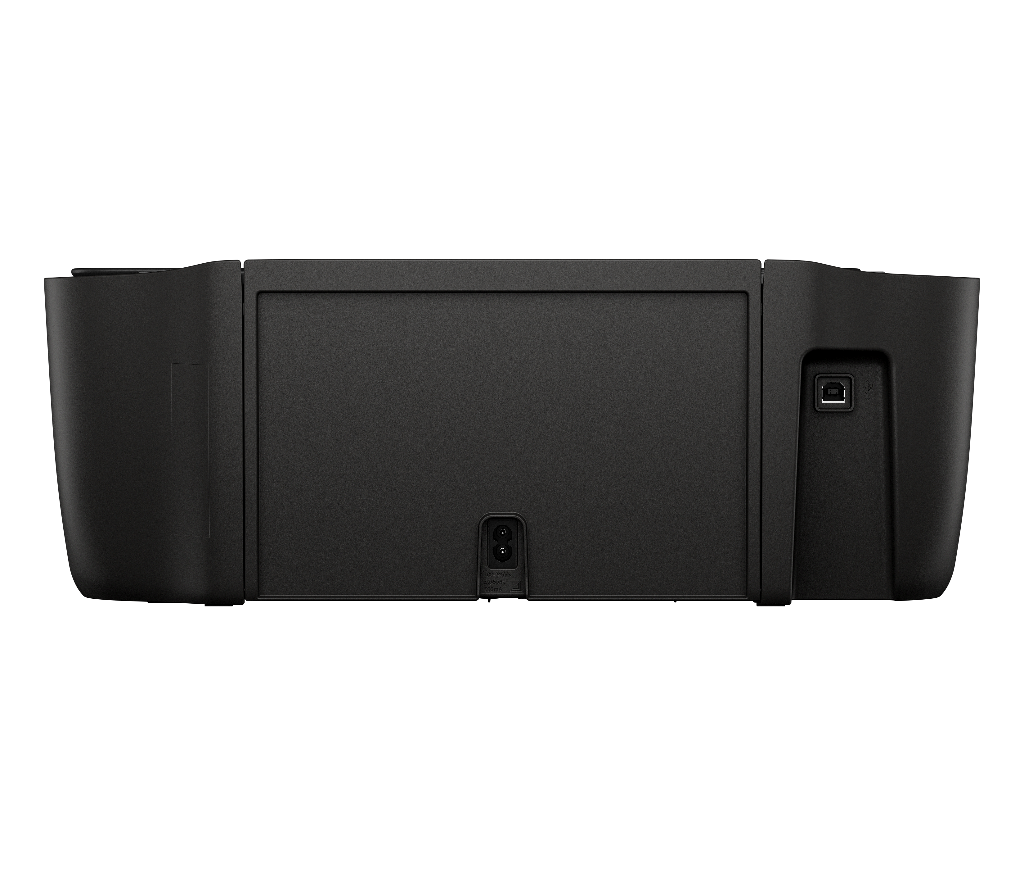 Tył czarnej drukarki na czarnym tle. Widoczne porty USB i zasilania.