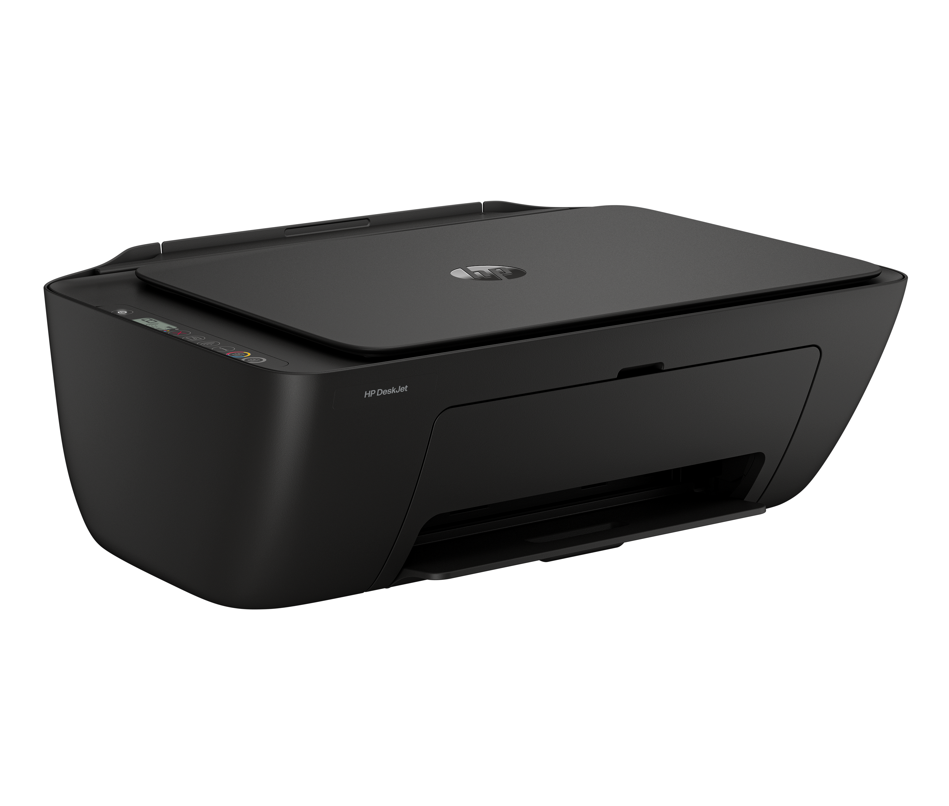 Czarna drukarka HP DeskJet jest pokazana pod kątem w prawo. Ma płaski wierzch, podajnik papieru i różne przyciski sterujące.