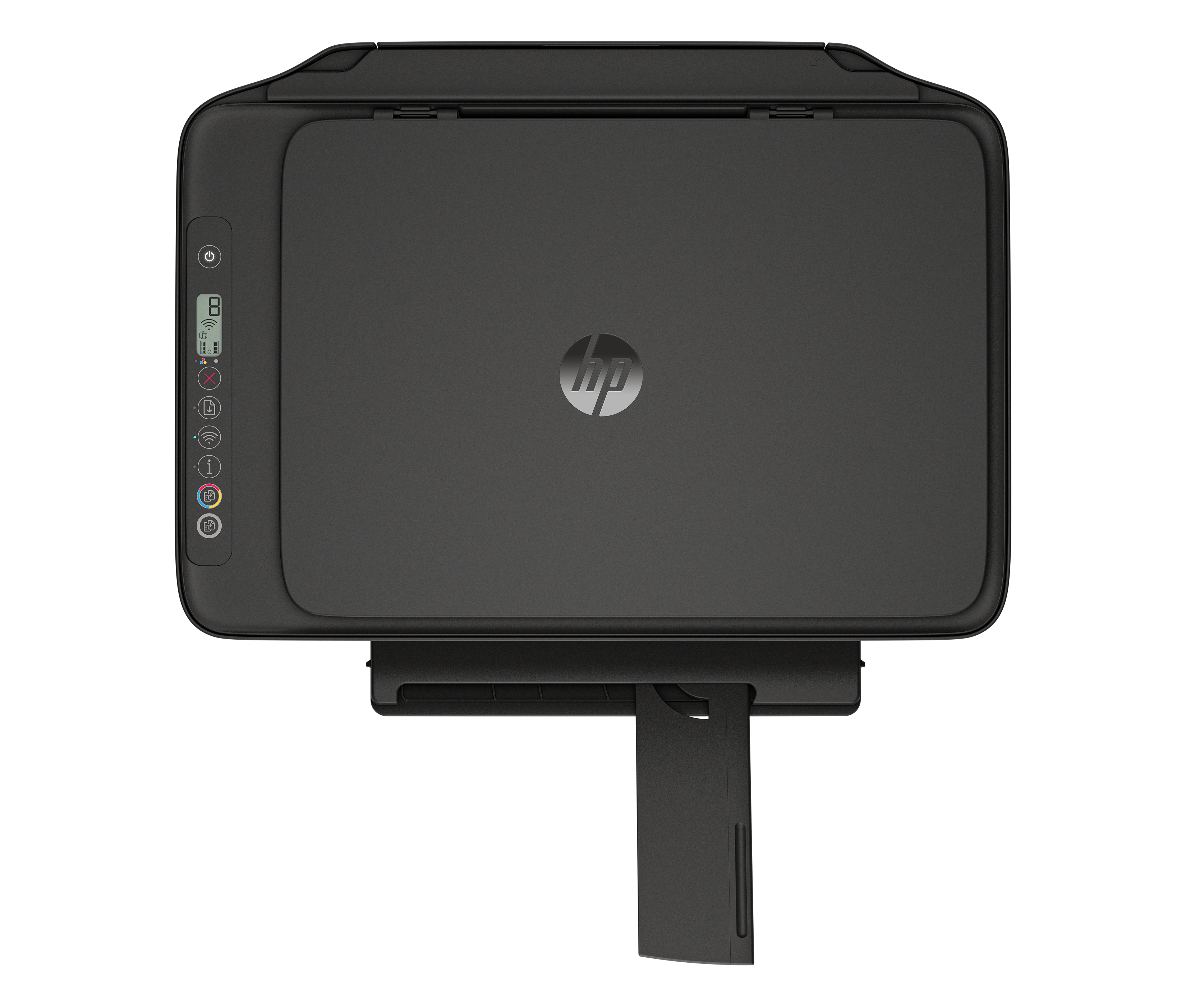 Widok z góry na czarną drukarkę HP z wysuniętą tacą na papier. Tło jest czarne.