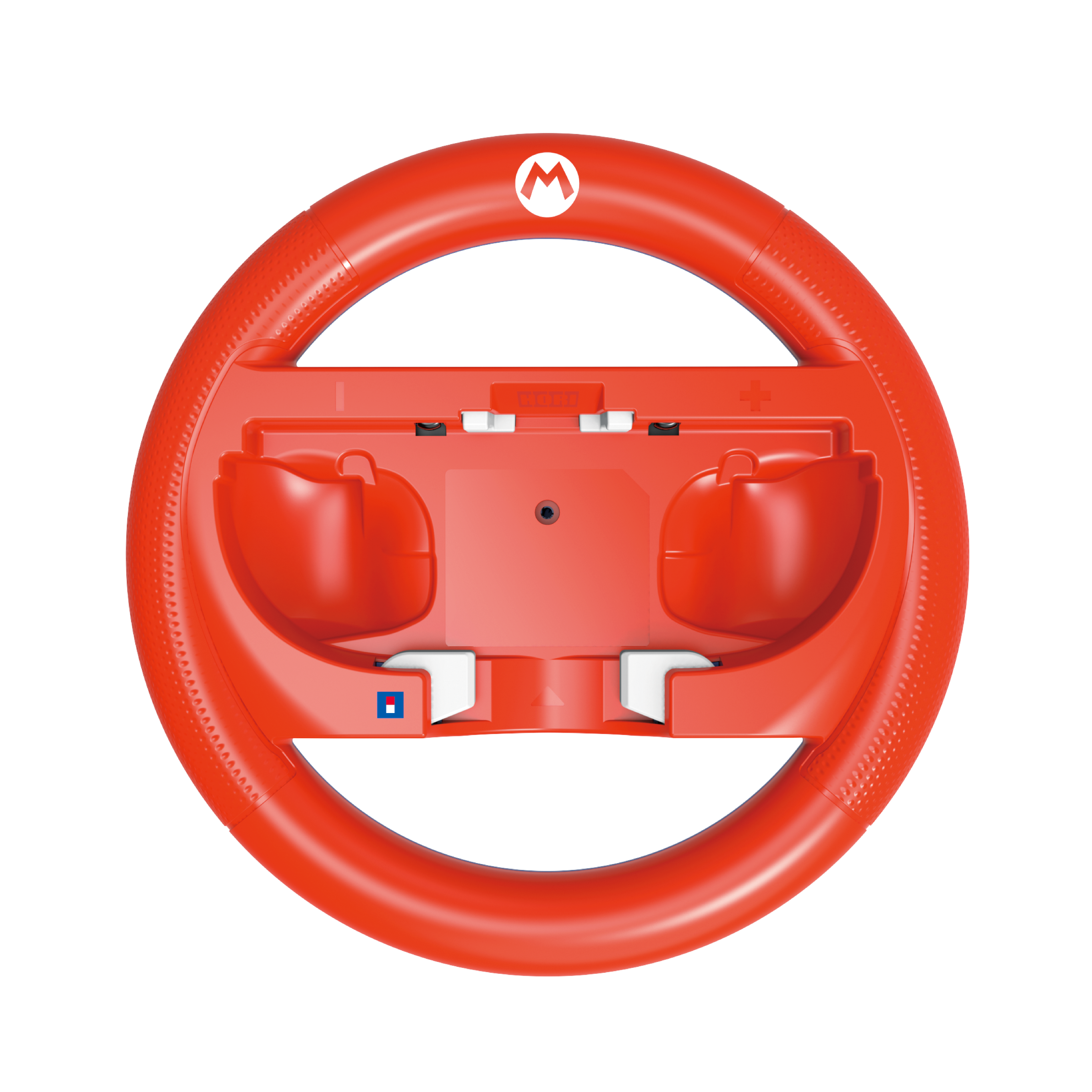 Mario temalı kırmızı direksiyon, Mario logosuyla. Siyah bir arka planı var.