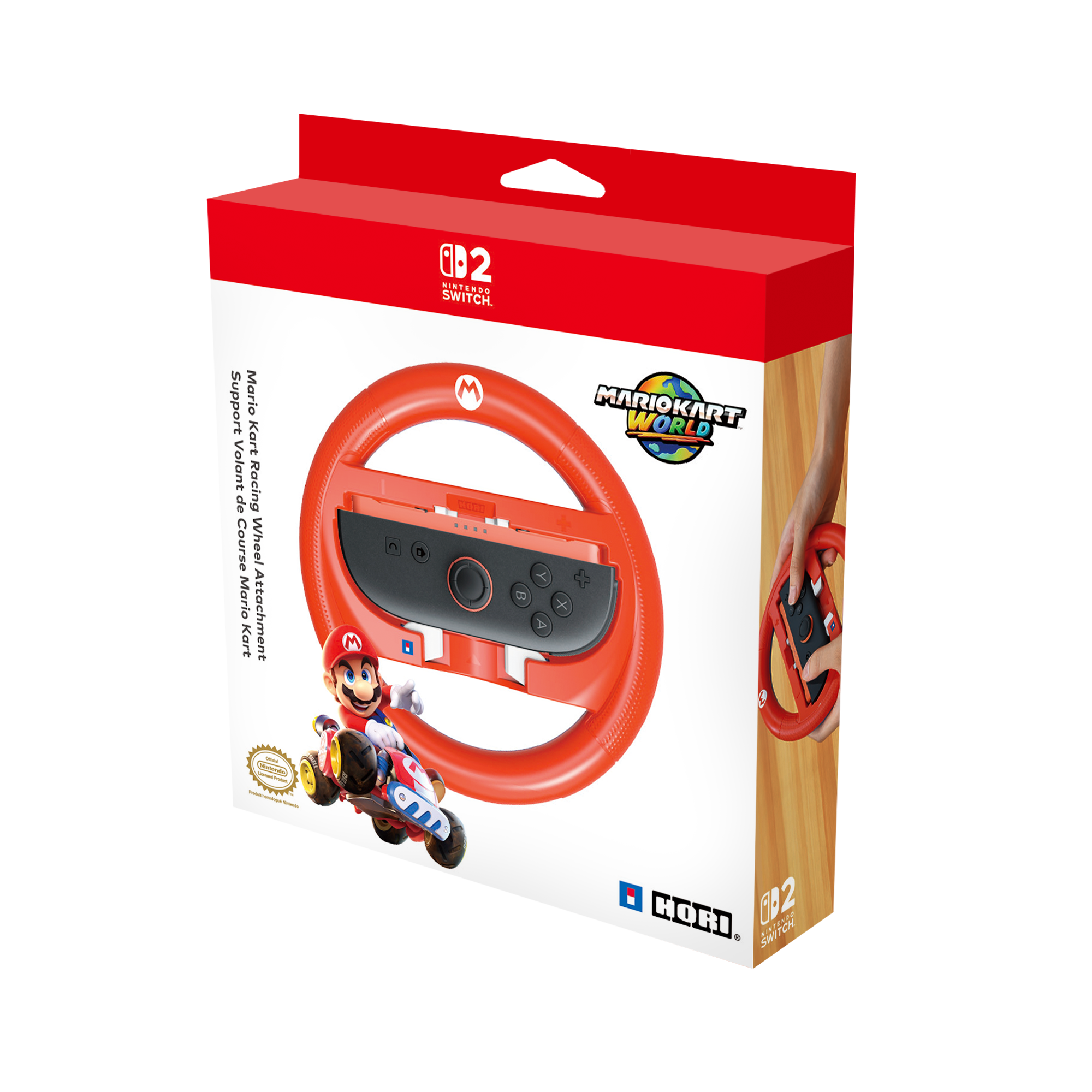 Mario Kart yarış direksiyonu eklentisi kutu sanatı. Bir tekerlek, Mario ve Mario Kart World logosunu içerir.