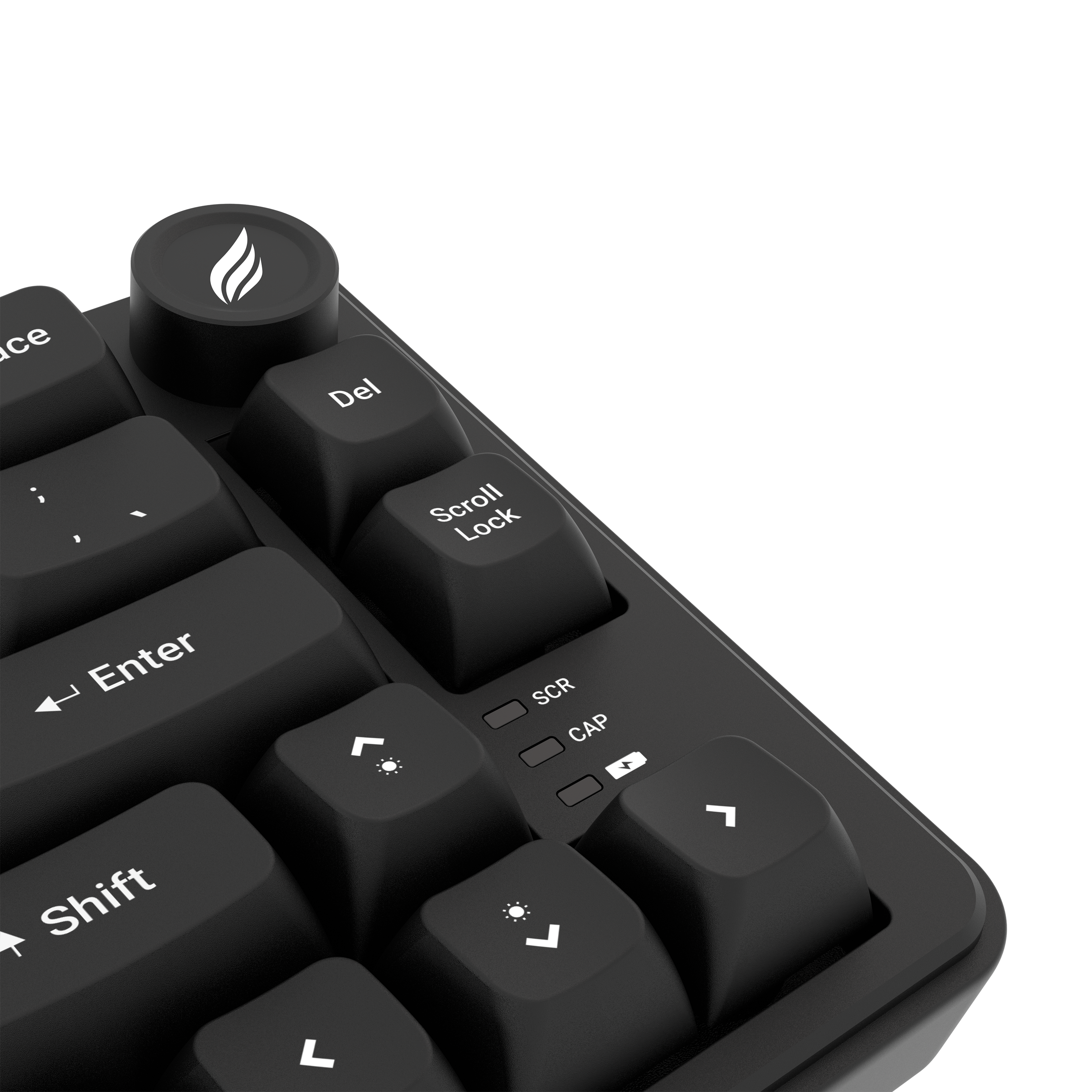 Siyah bir klavyenin yakın çekimi. Enter, Shift, Del ve Scroll Lock tuşları, ayrıca bir alev tuşu da görülebilir.