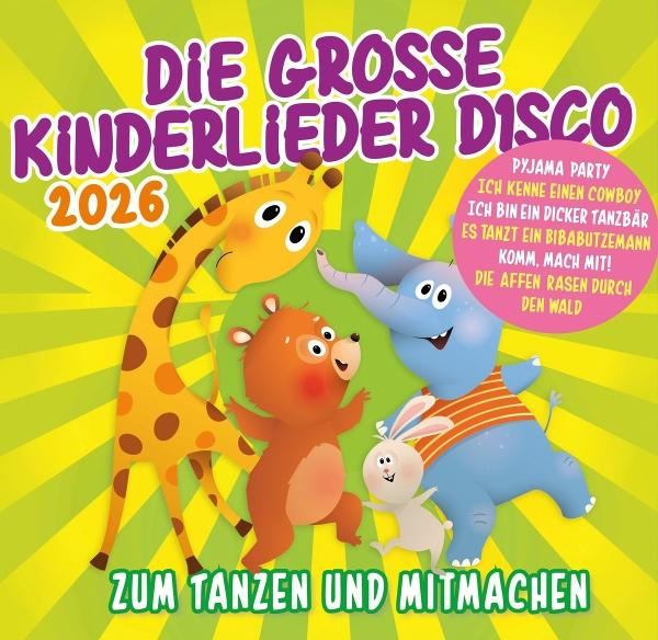 Buntes Cartoon von Giraffe, Bär, Elefant und Kaninchen. Der Text lautet 'Kinderlieder Disco'. Der Hintergrund ist grün und gelb.