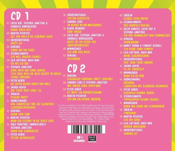 Das Bild ist ein CD-Cover mit Titellisten auf Deutsch. Rosa und Gelb dominieren das Design. Text ist das Hauptelement.