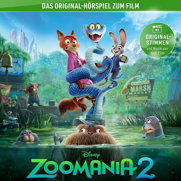 Poster für Zootopia 2: Fuchs, Hase, Schlange und andere Tiere in einem Sumpf. Der Titel steht unten. Grüner Text oben.