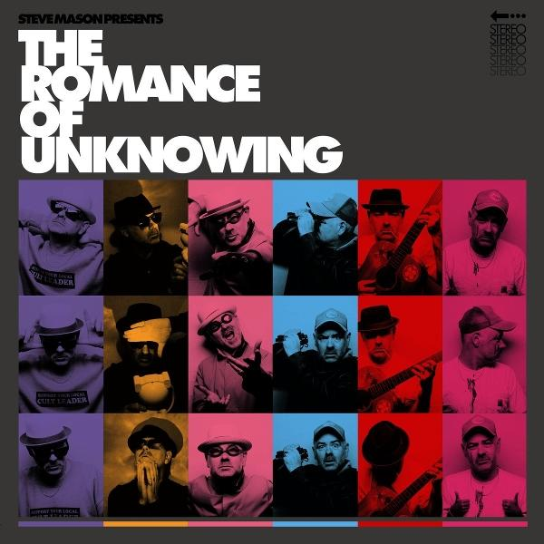 Albumcover mit dem Titel 'The Romance of Unknowing' und einem Raster von Fotos eines Mannes mit Hüten und Sonnenbrillen in verschiedenfarbigen Quadraten.