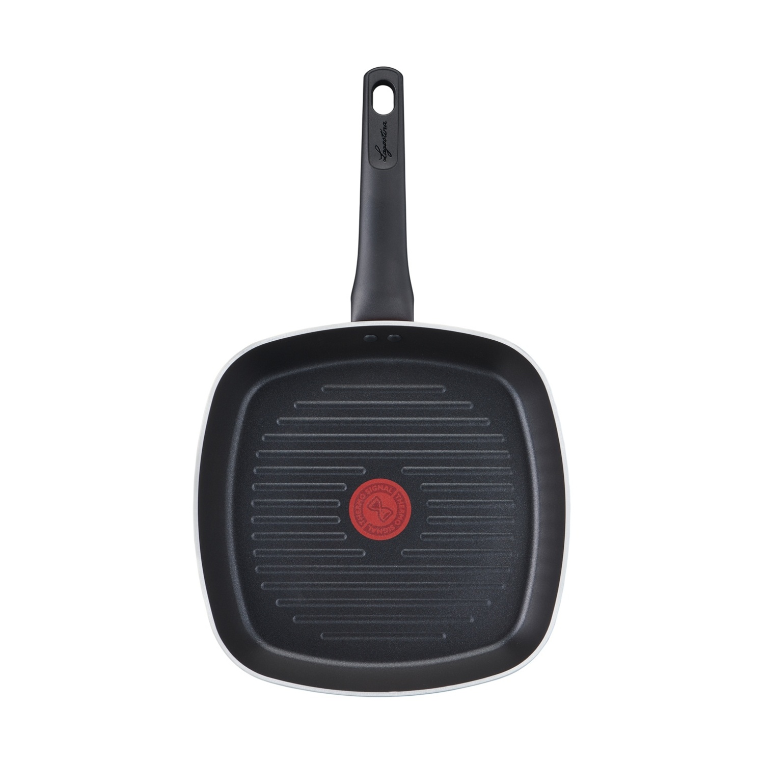 Una padella per griglia quadrata con interno nero e bordo bianco, manico nero. Un logo a cerchio rosso è al centro.