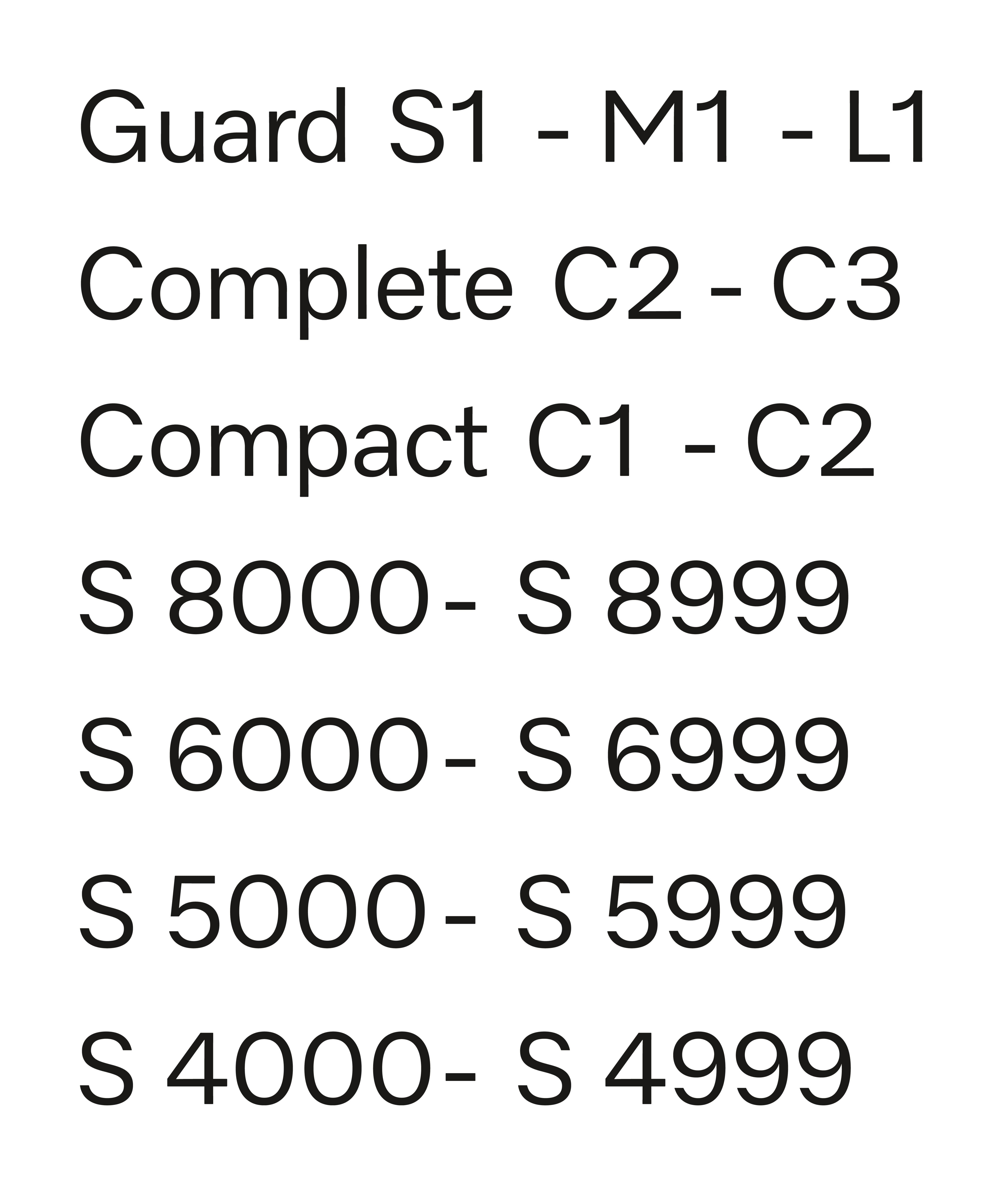 Text auf weißem Hintergrund: Guard S1-L1, Complete C2-C3, Compact C1-C2, S8000-S8999, S6000-S6999, S5000-S5999, S4000-S4999.