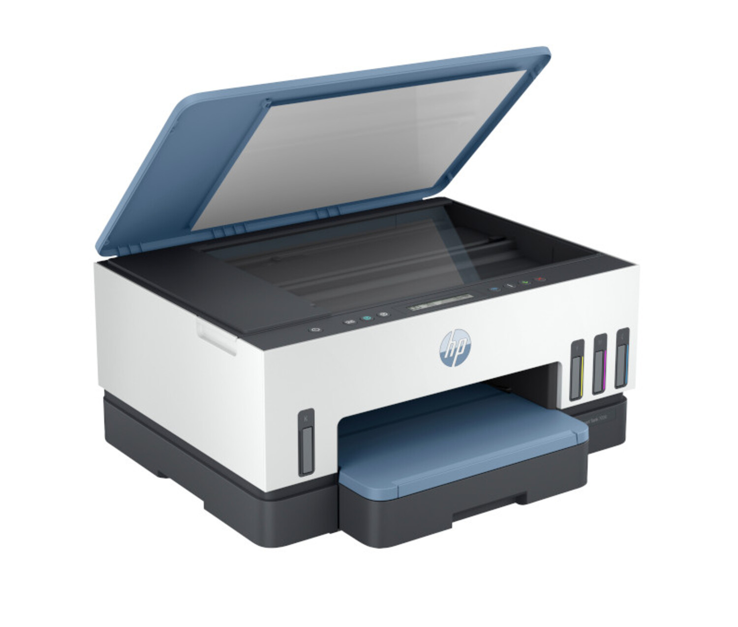 Una impresora HP con la tapa superior abierta. Cuerpo blanco con tapa azul y bandeja de salida de papel azul. El logotipo de HP es visible.