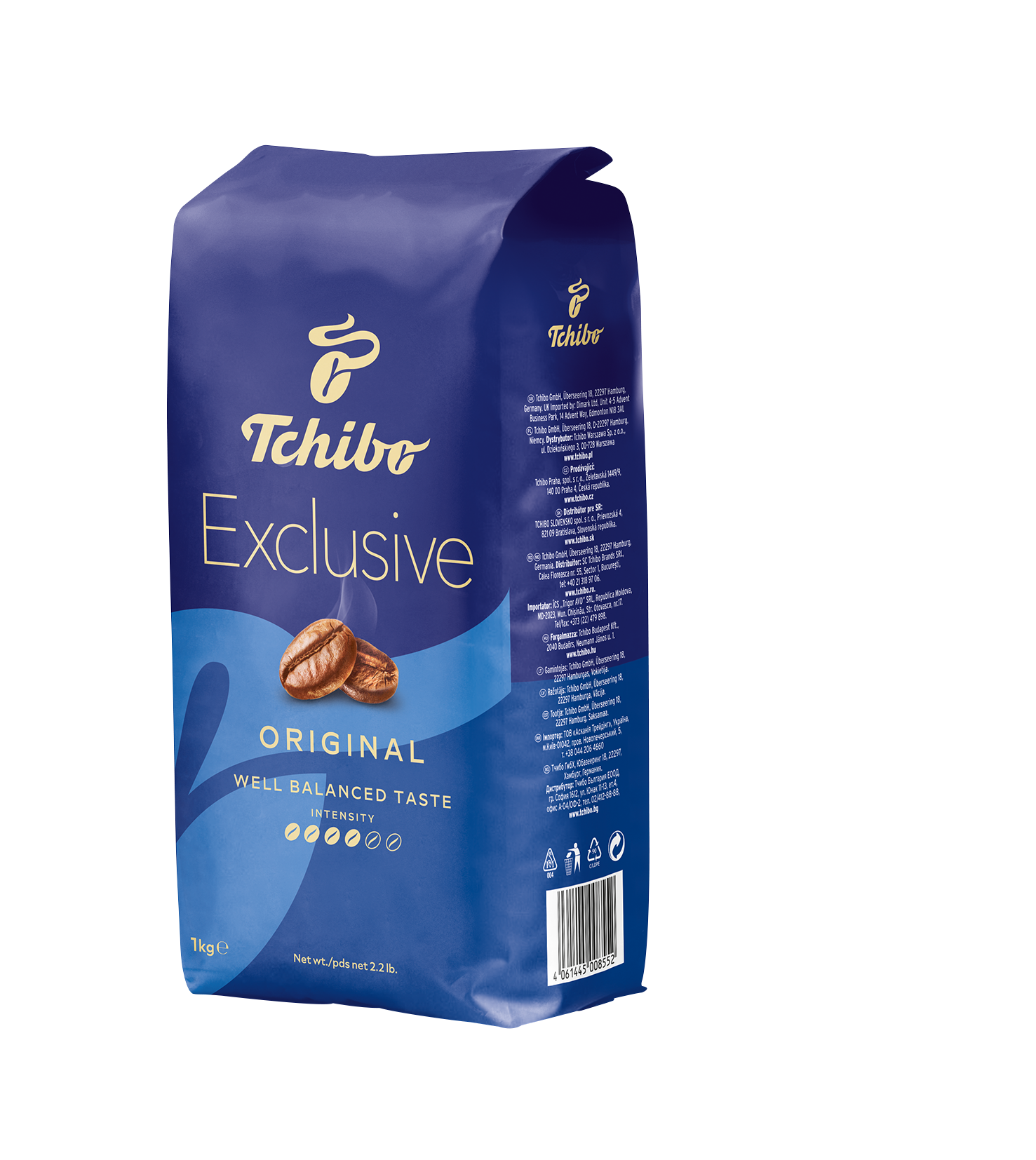 Niebieska torba na kawę Tchibo. Ma logo Tchibo i słowa 'Exclusive' i 'Original'.