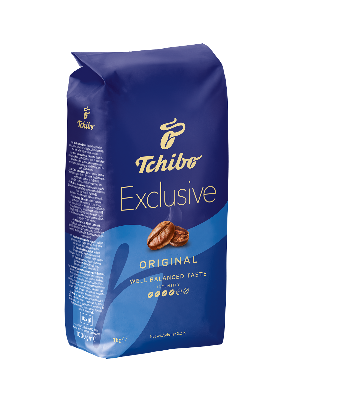 Niebieska torba z ziarnami kawy Tchibo Exclusive, z logo i tekstem. Widoczne są brązowe ziarna kawy.