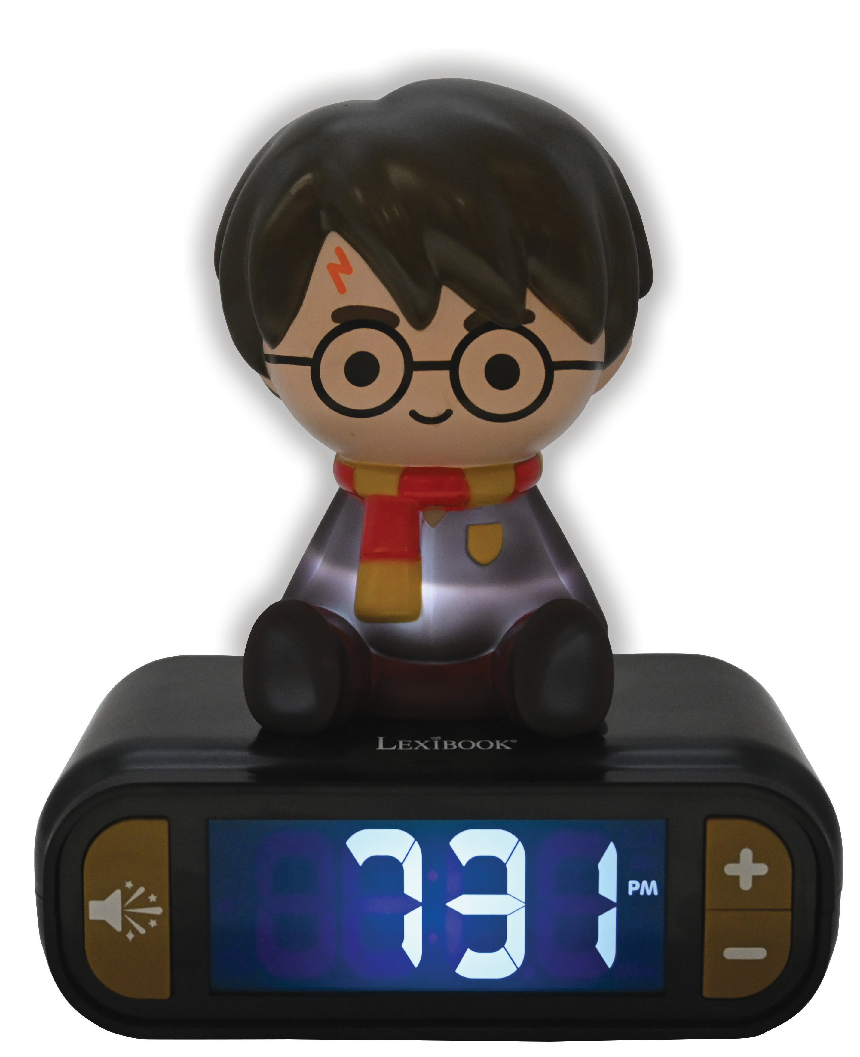 Ein Harry-Potter-Wecker. Die Uhr zeigt 19:31 Uhr an. Eine Harry-Potter-Figur sitzt oben auf der Uhr.