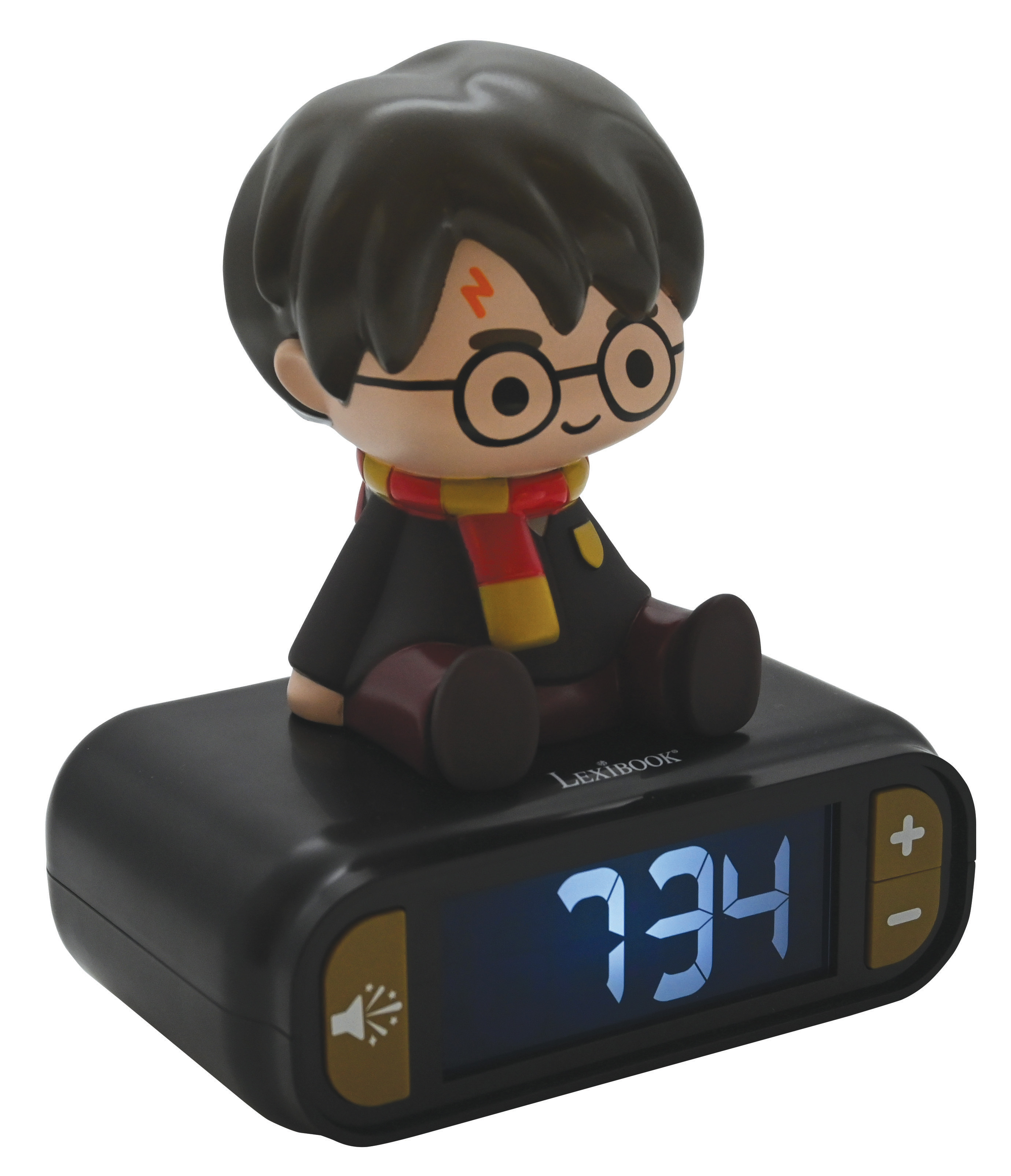 Ein Harry-Potter-Wecker. Eine Figur von Harry sitzt oben drauf. Die Uhr zeigt 7:34 Uhr an.