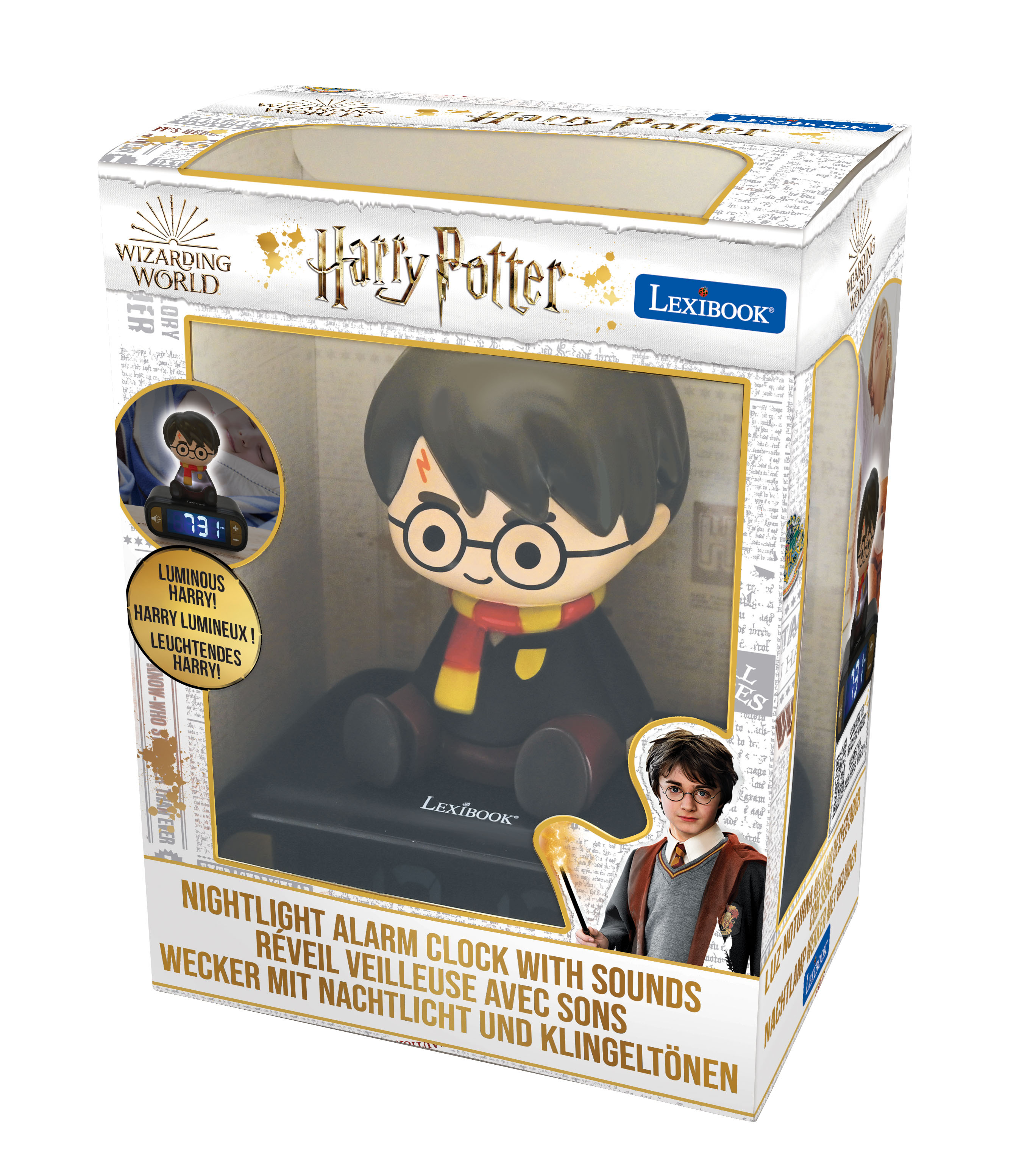 Verpackter Harry-Potter-Nachtlicht-Wecker. Harry-Figur sitzt auf schwarzem Sockel. Die Box hat Text und Bilder.