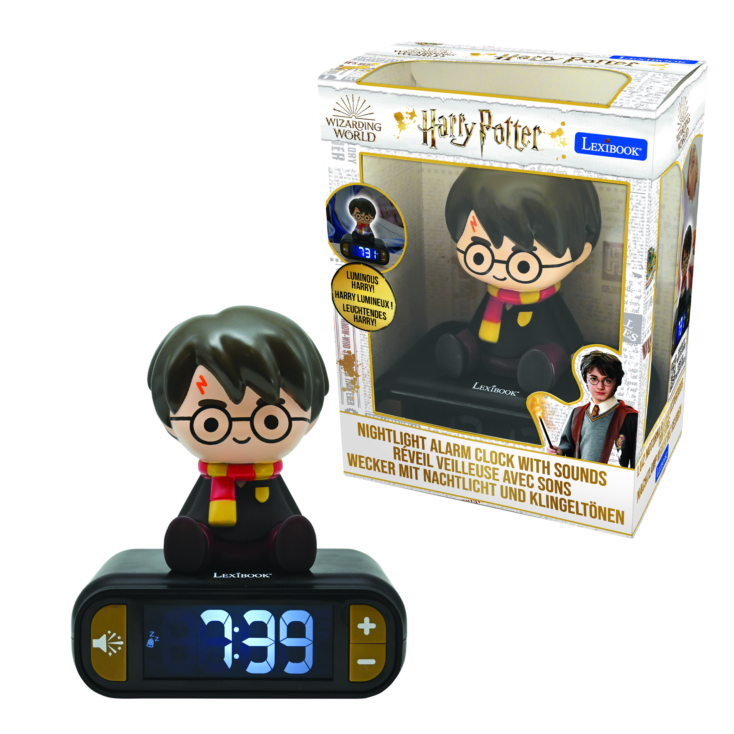 Harry-Potter-Wecker mit einer Harry-Figur. Die Box ist im Hintergrund.