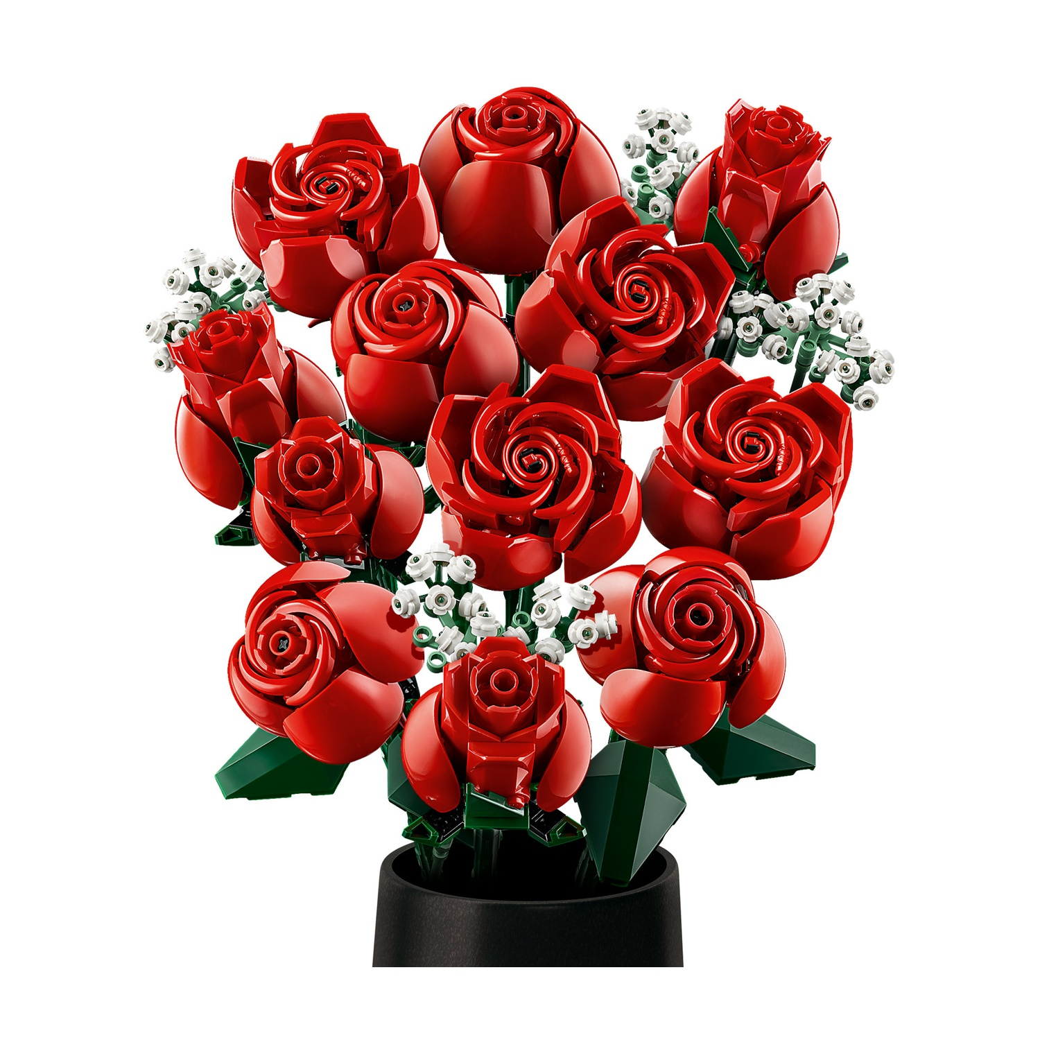 Un bouquet di rose rosse di plastica, in un vaso nero. Sono presenti anche piccoli fiori bianchi.