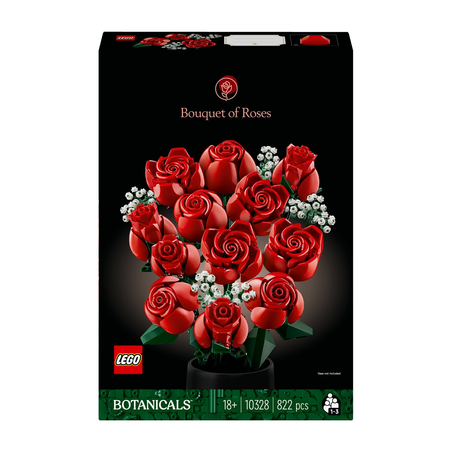 Scatola LEGO Botanical Bouquet di Rose. Presenta rose rosse e fiori bianchi. Sfondo nero. Logo LEGO in basso.