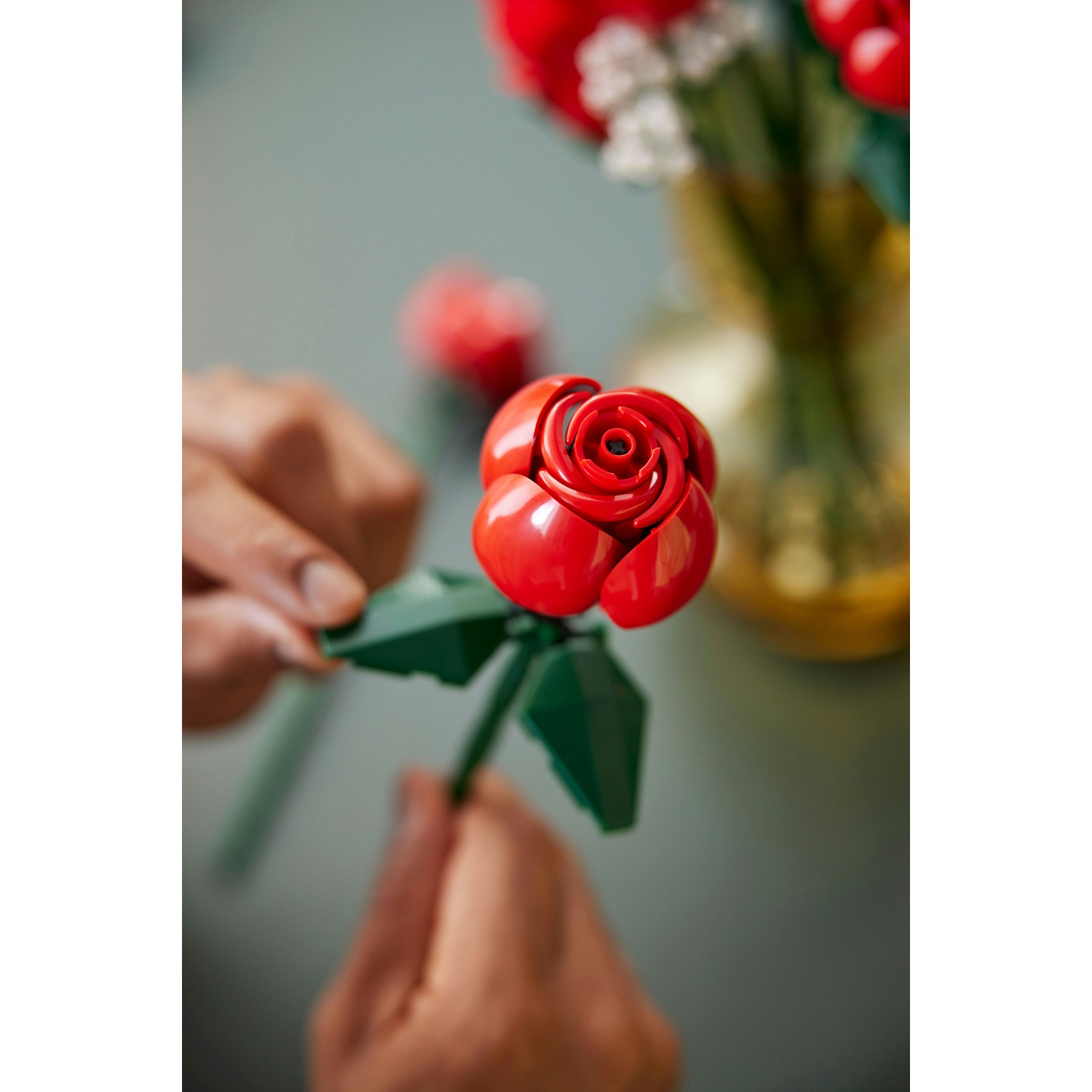 Mani che tengono una rosa rossa di plastica con stelo e foglie verdi. Sullo sfondo, altre rose in un vaso sono visibili.
