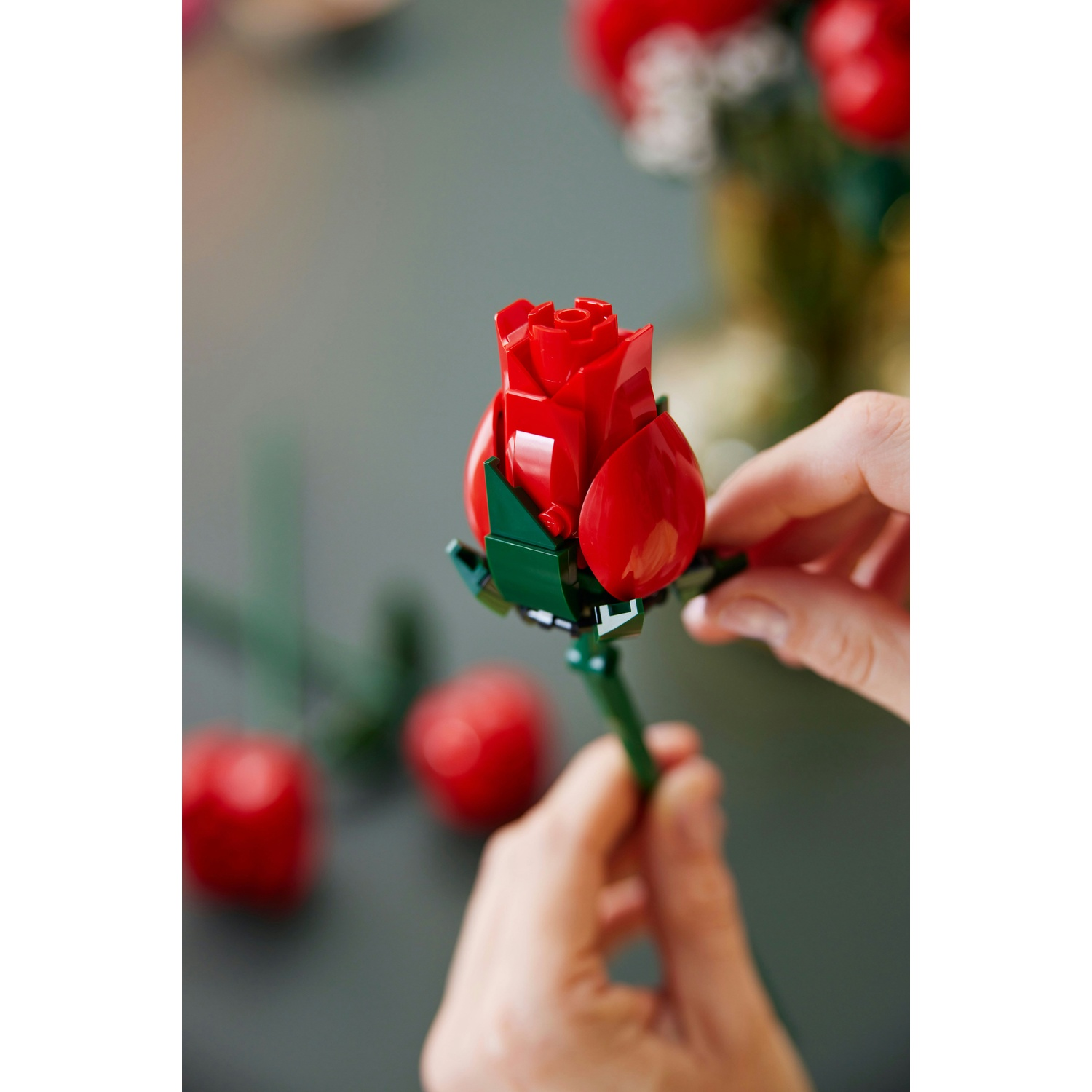 Mani che tengono una rosa Lego rossa. Altre rose Lego rosse sono sfocate sullo sfondo. Stelo e foglie verdi visibili.