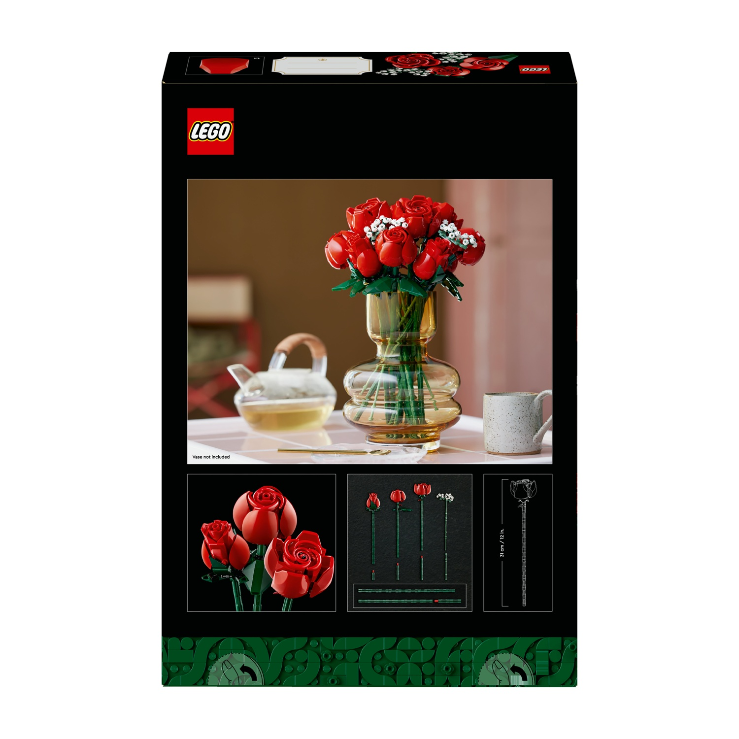 Una scatola Lego mostra un bouquet di rose rosse in un vaso. Sono presenti anche una teiera, una tazza e diagrammi di rose.